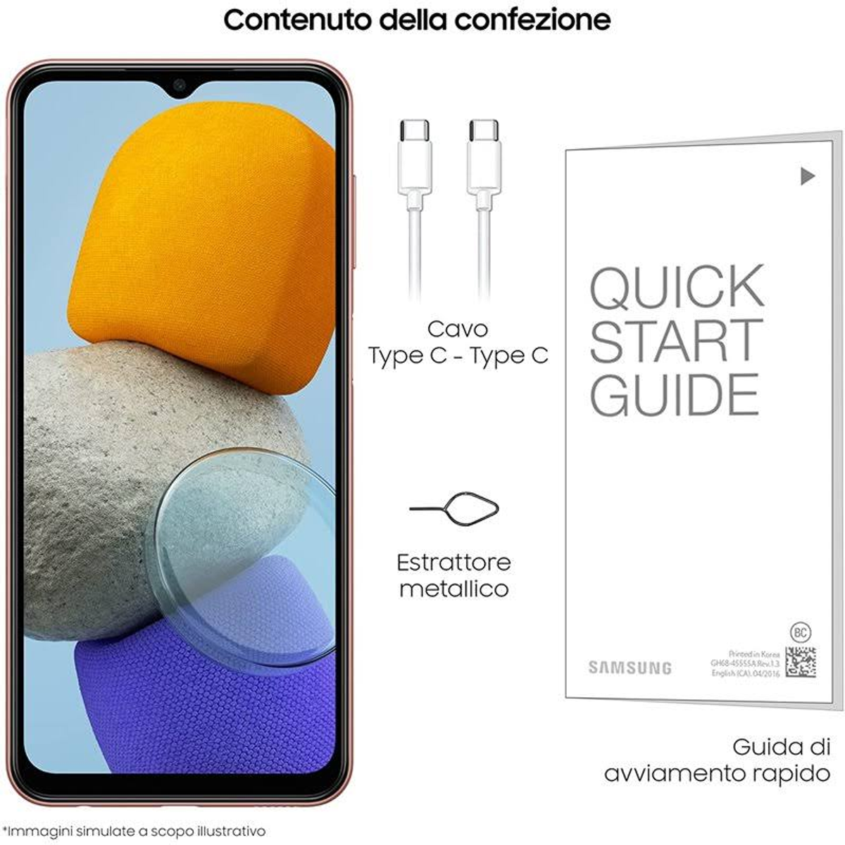Contenuto della confezione: telefono, cavi, strumento SIM e guida rapida. Testo in italiano.