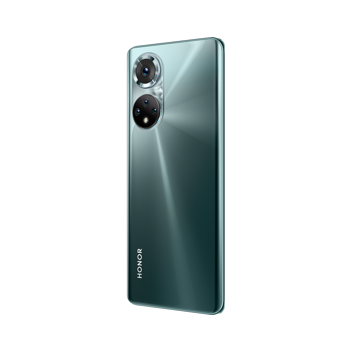 Grünes Telefon mit Kameras, HONOR-Logo, schwarzer Hintergrund.