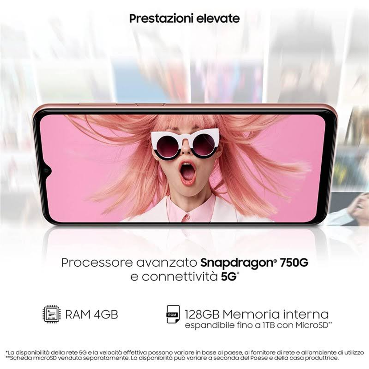 Uno smartphone che mostra una donna con i capelli rosa e occhiali da sole, info prodotto in basso.
