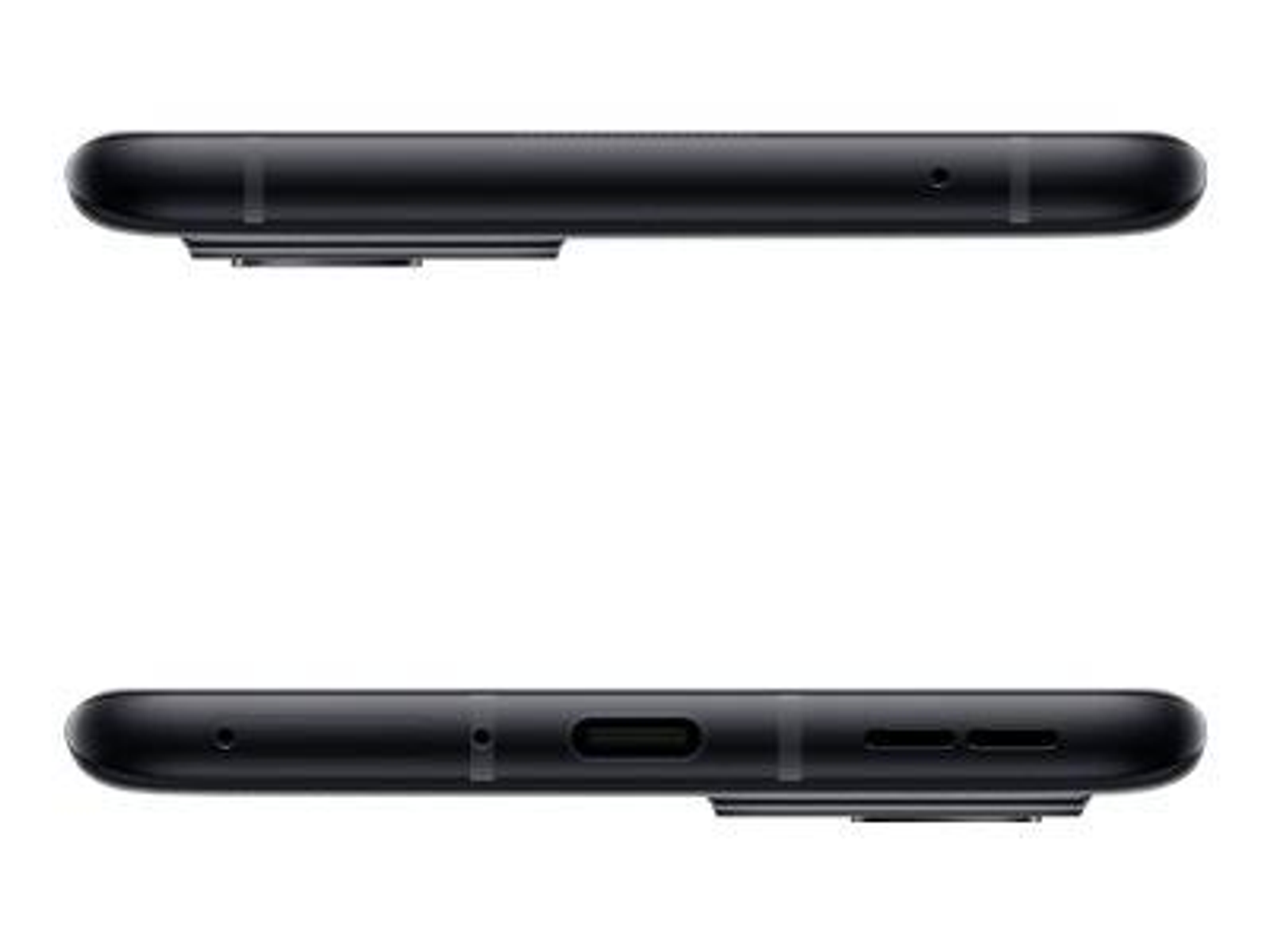 A close-up of the bottom and top edges of a black phone. Ports and speakers are visible.