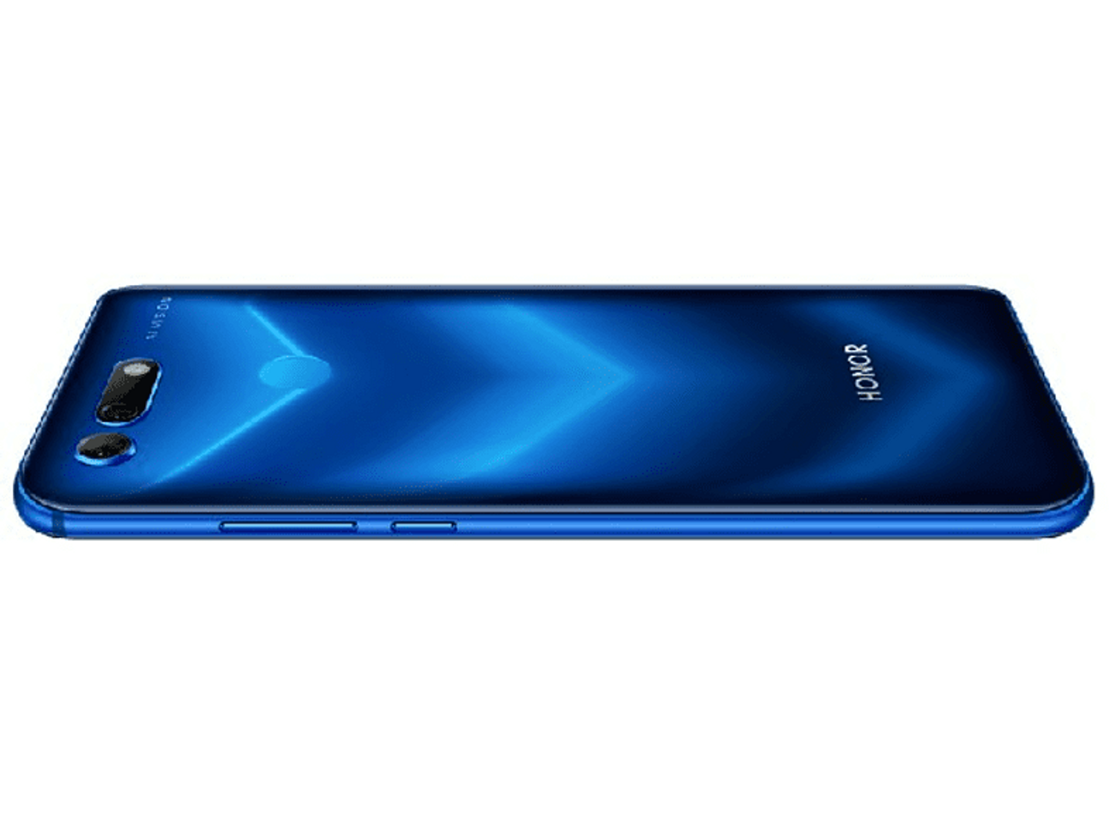 Niebieski telefon Honor, widok z tyłu, z podwójnym aparatem i logo Honor, na białej powierzchni.
