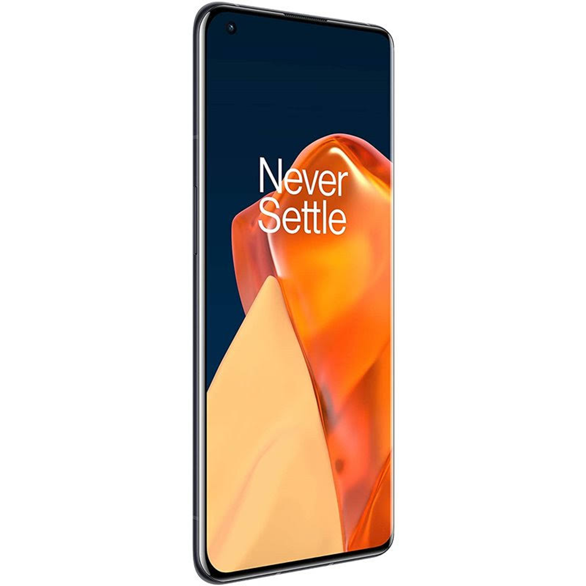 Smartphone in profile, black frame, screen showing orange and yellow abstract design, with text.