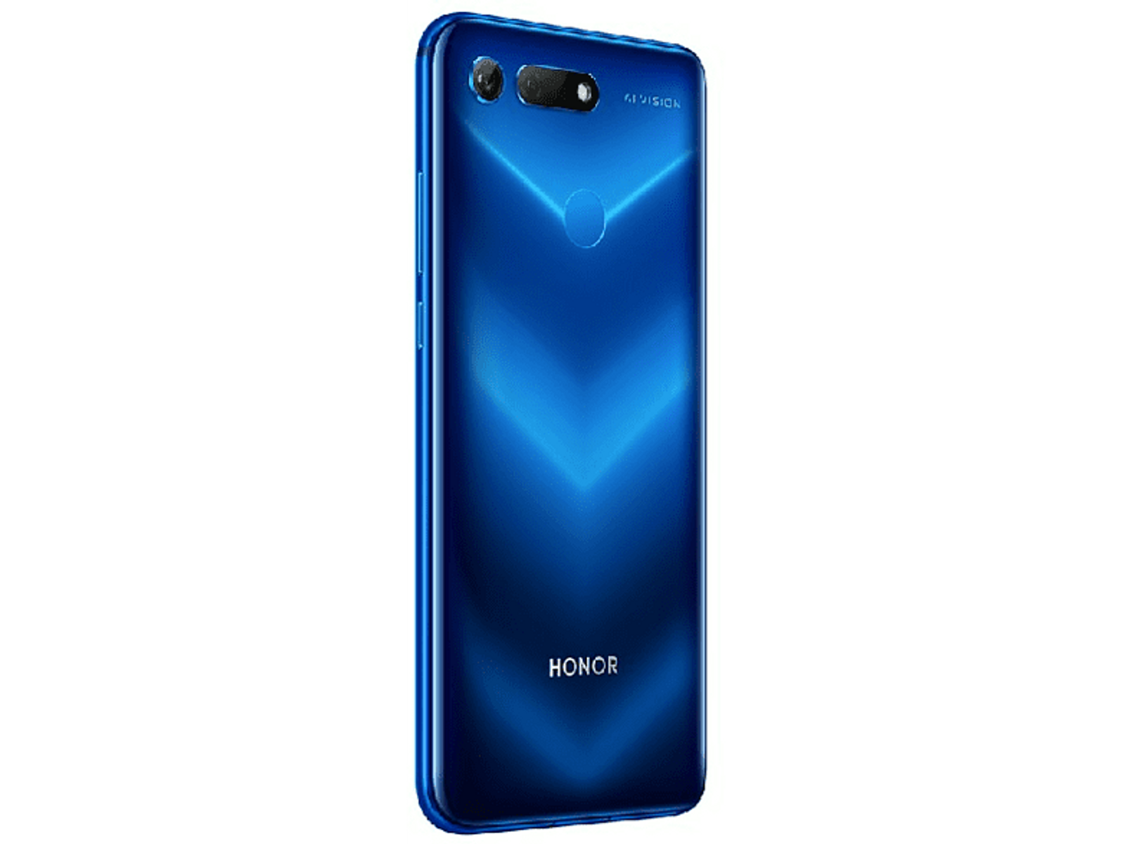 Niebieski tył telefonu Honor, widok z kąta. Podwójne aparaty i logo Honor.