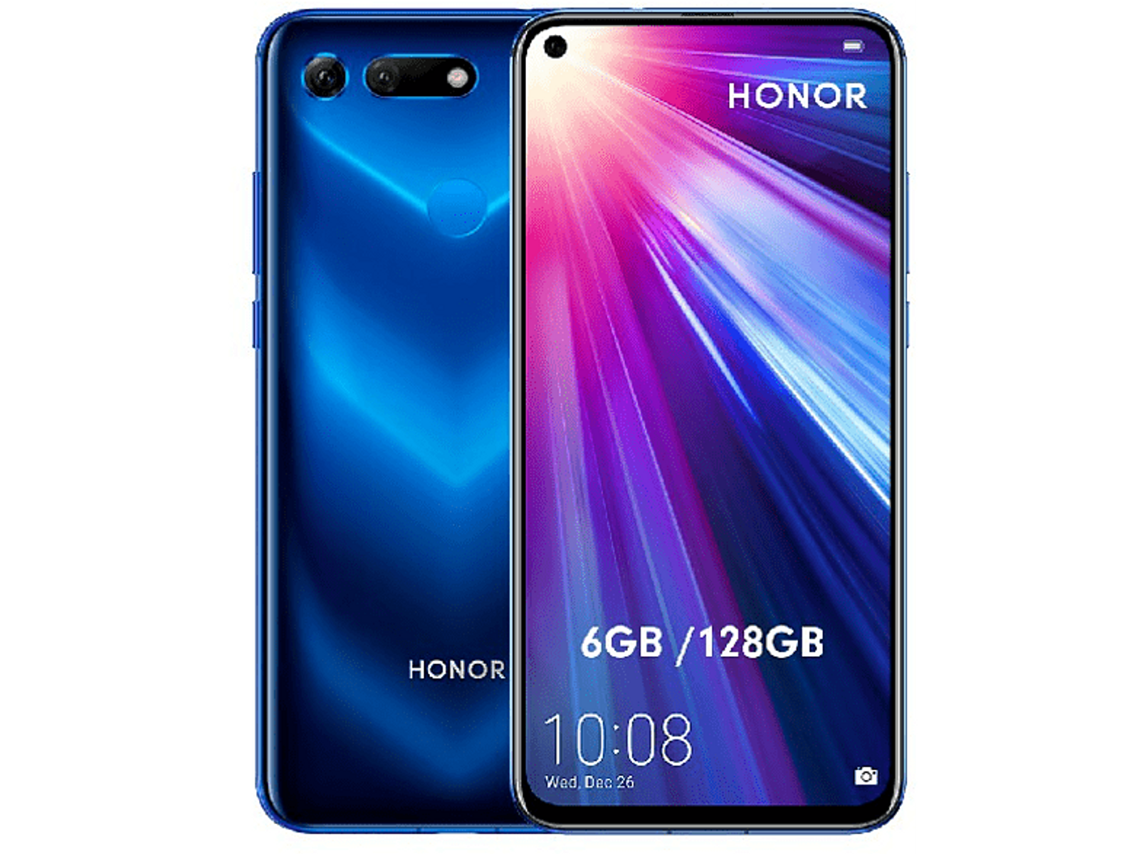 Niebieski telefon Honor. Widok z przodu pokazuje ekran z godziną i ikonami aplikacji. Tył pokazuje aparat.