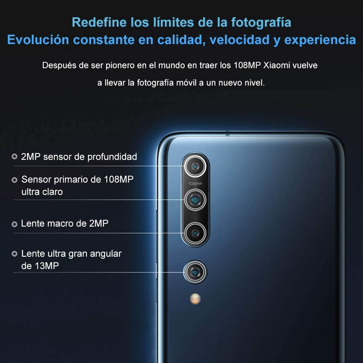 Tył granatowego smartfona ze szczegółami aparatu. Tekst w języku hiszpańskim opisuje funkcje.