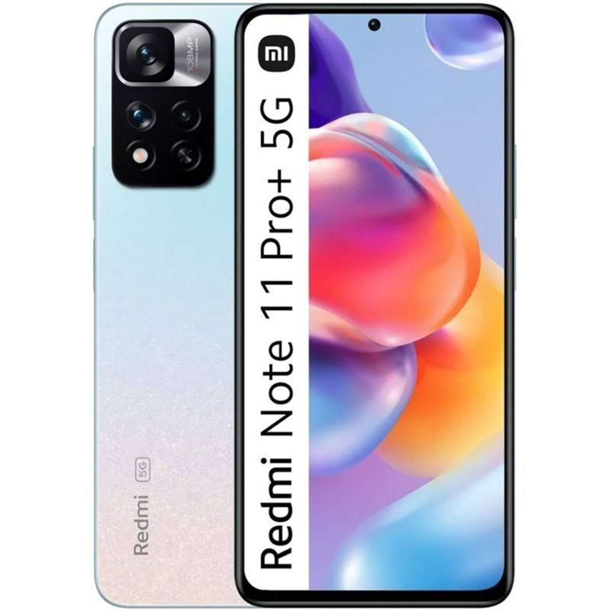 Ein Smartphone mit einem weißen und hellblauen Farbverlauf auf der Rückseite und einem schwarzen Bildschirm auf der Vorderseite. Es ist Redmi.