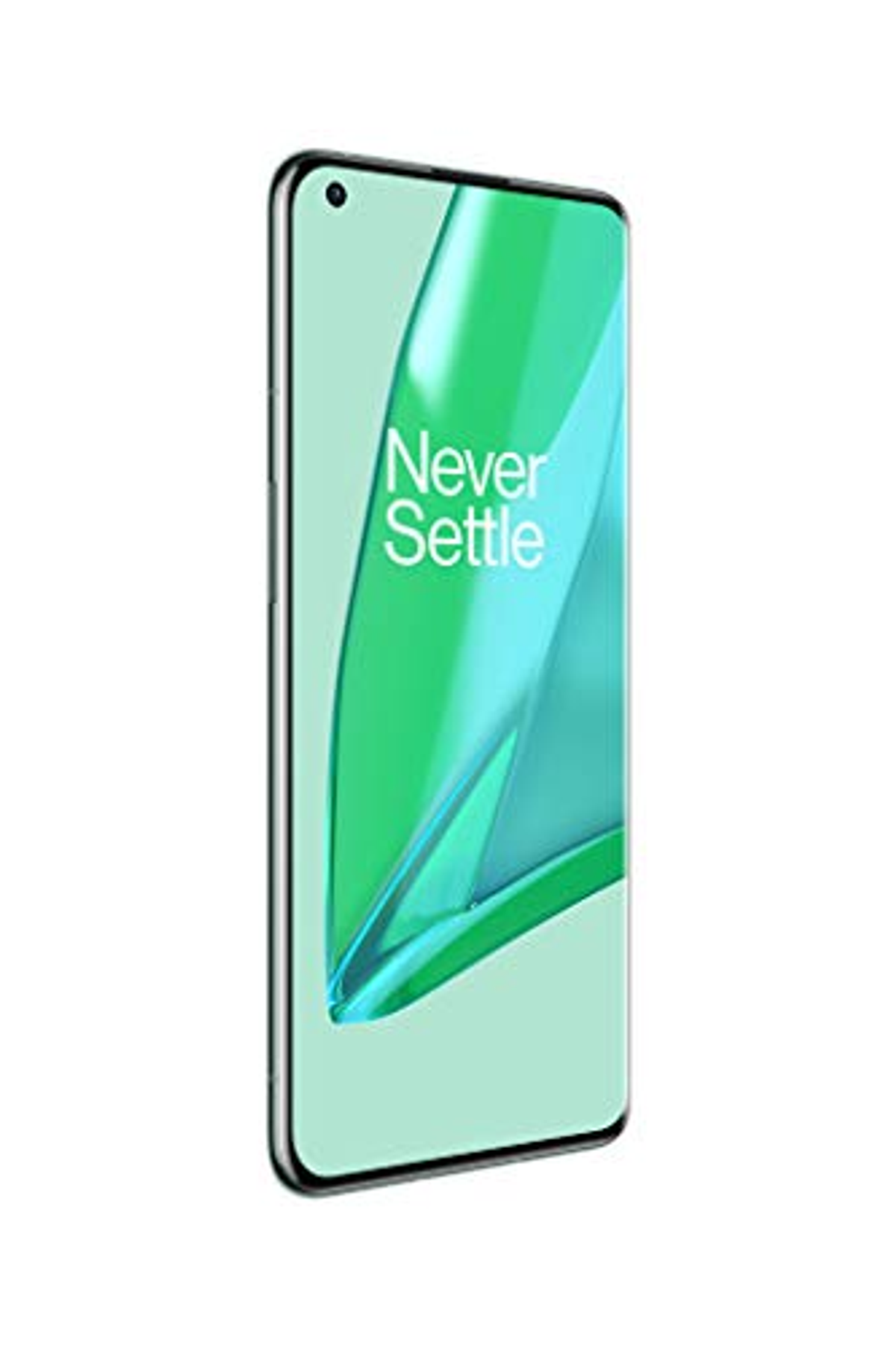 Smartphone, green and white screen, with the words 'Never Settle' on the screen, white background.