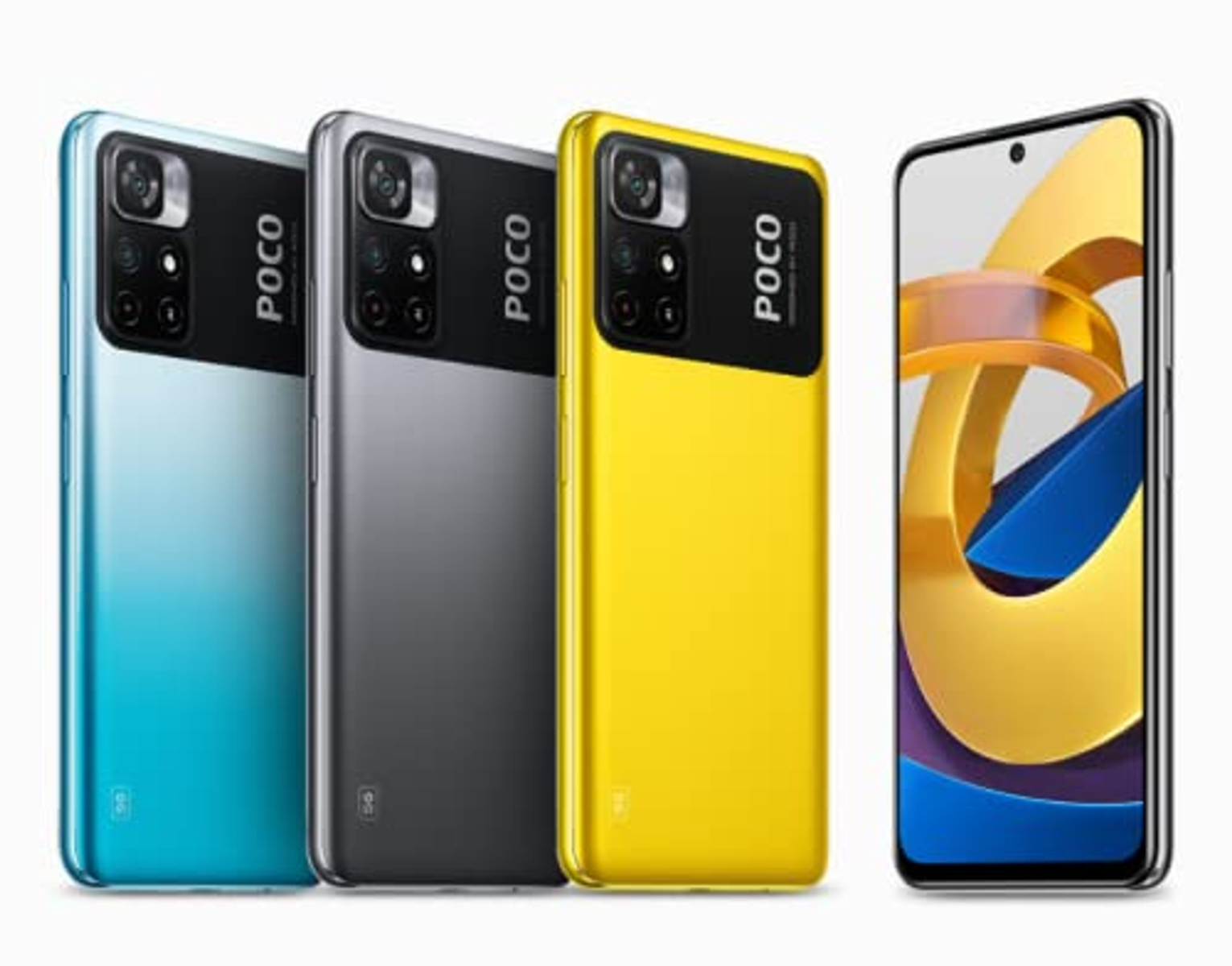 Drei Smartphones in Blau, Grau und Gelb. Ein viertes Telefon zeigt einen Bildschirm mit einer gelb-blauen Grafik.