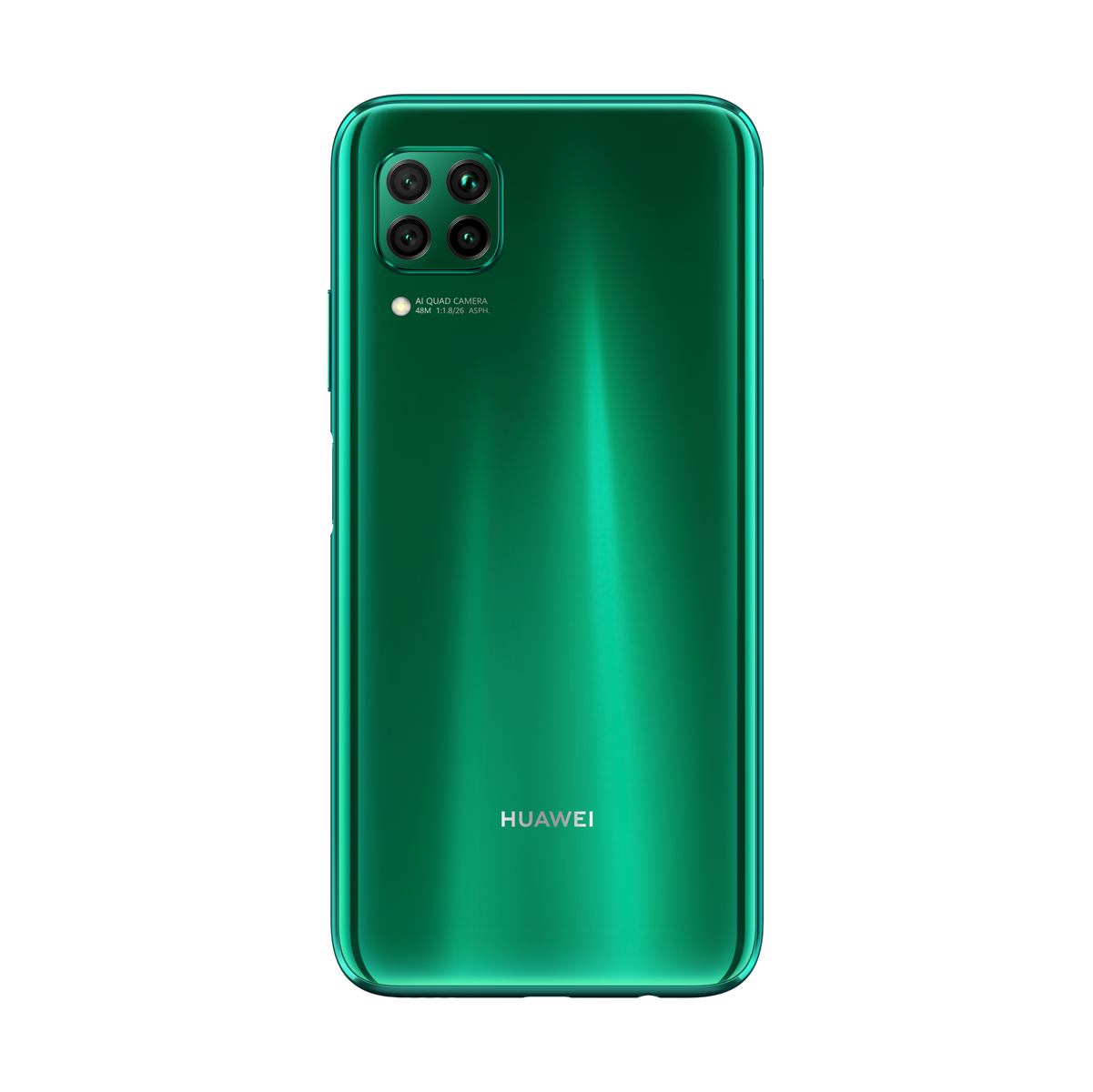 Zielona tylna obudowa telefonu. Konfiguracja poczwórnego aparatu, lampa błyskowa i logo HUAWEI.