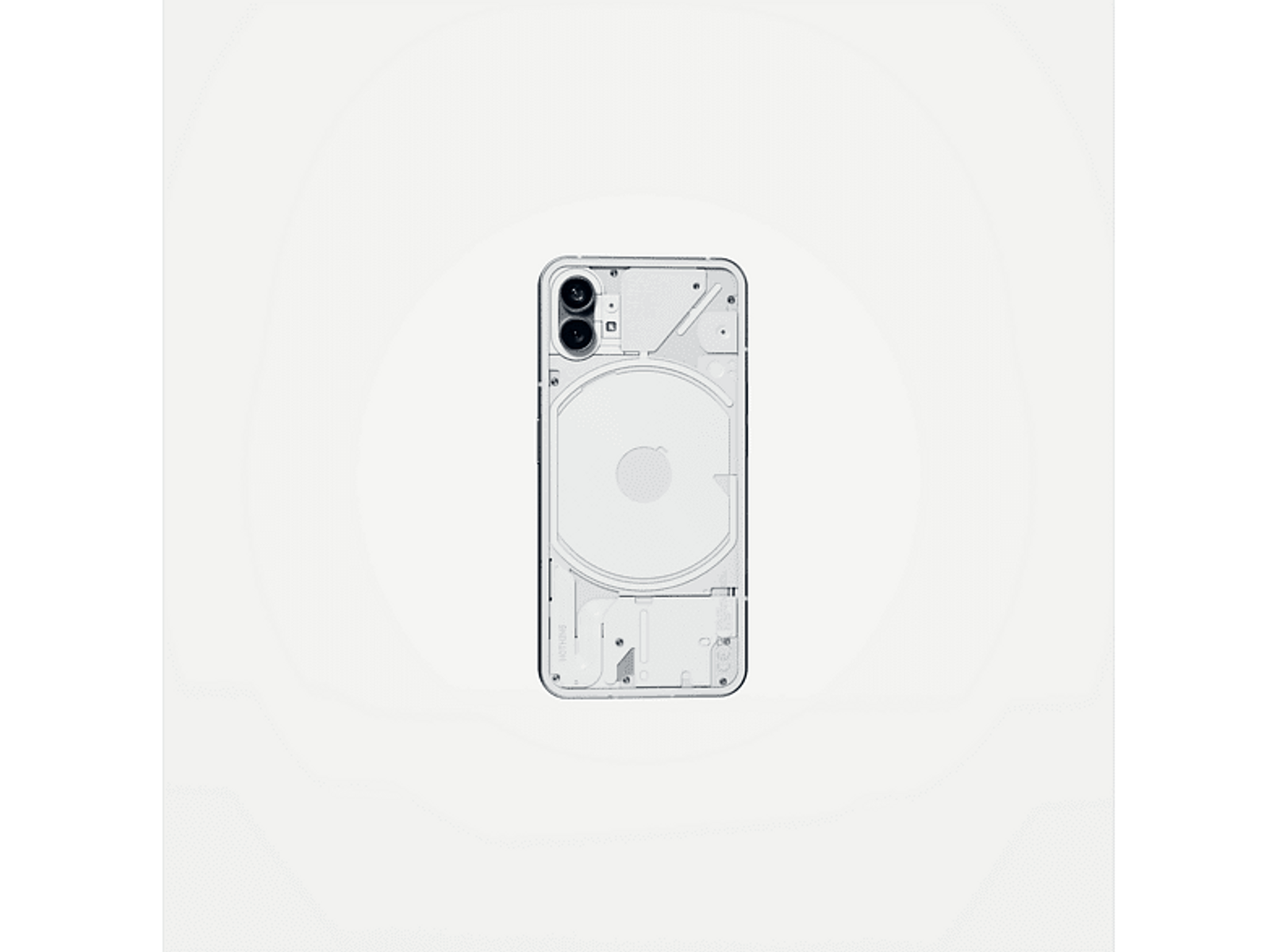 Ein transparentes Smartphone mit sichtbaren internen Komponenten, zentriert auf weißem Hintergrund.