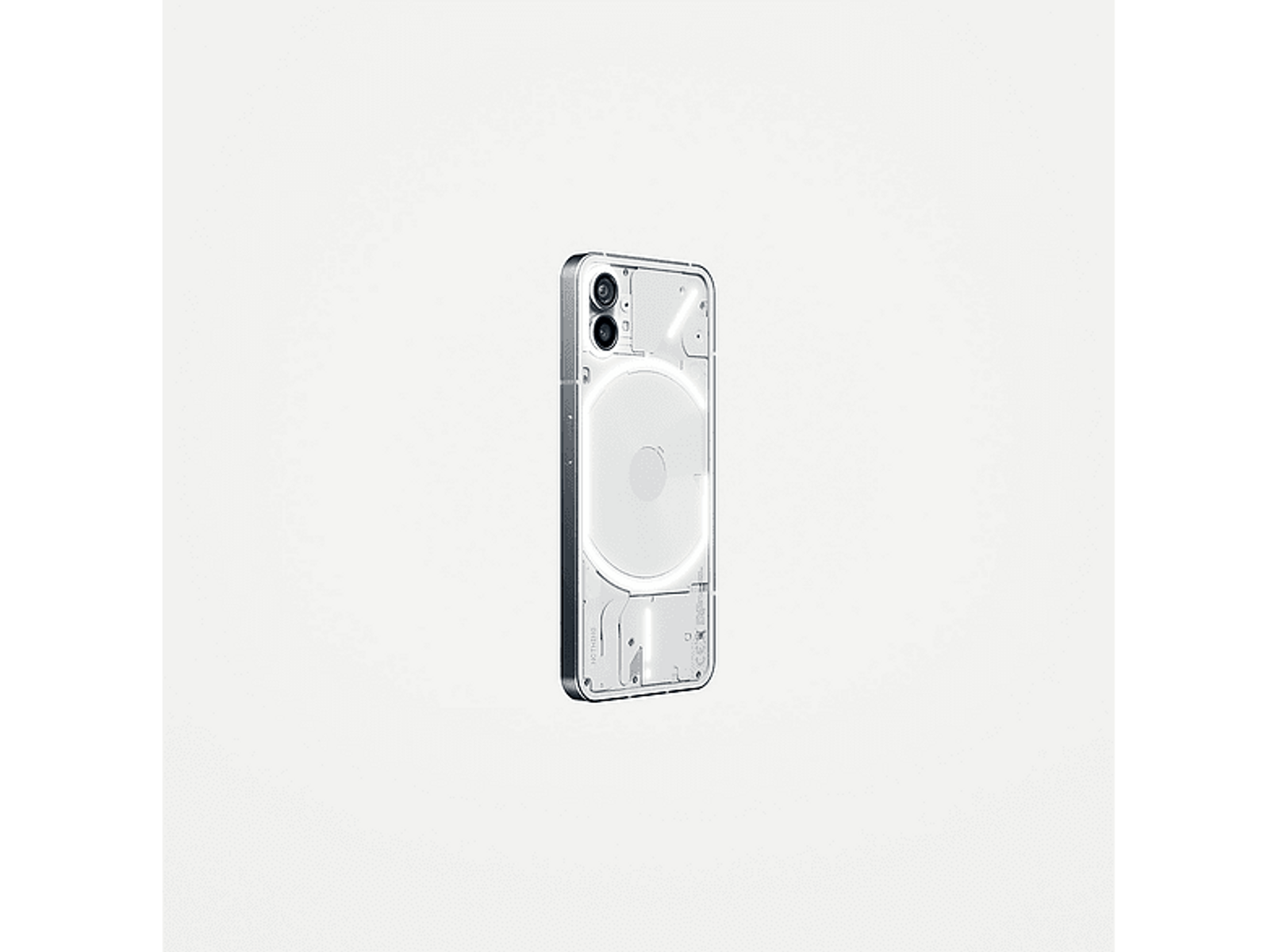 Smartphone-Rückseite. Transparenter Körper. Duale Kamera und ein kreisförmiges Element sind sichtbar. Weißer Hintergrund.