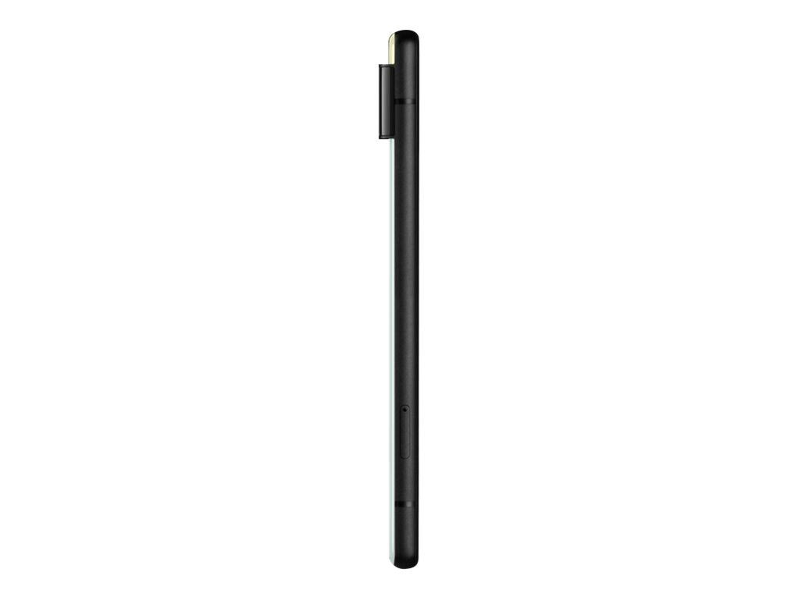 Seitenansicht eines schwarzen Smartphones. Einfarbiger weißer Hintergrund.