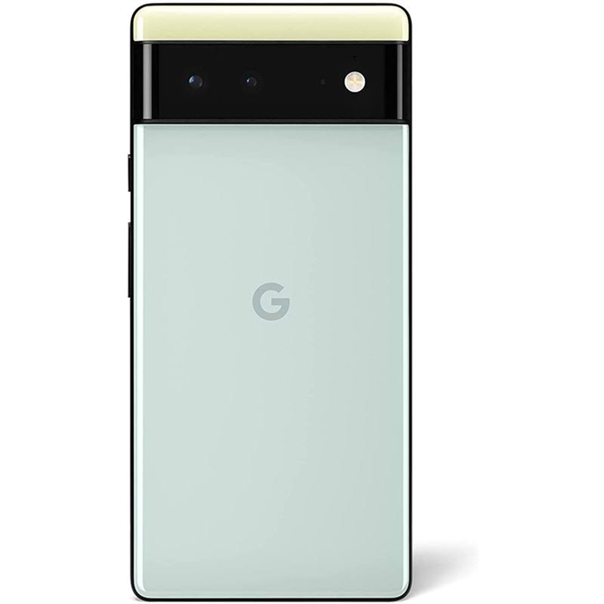 Google Pixel-Telefonrückseite, hellgrün mit schwarzem Kamerabalken und silbernem G-Logo.
