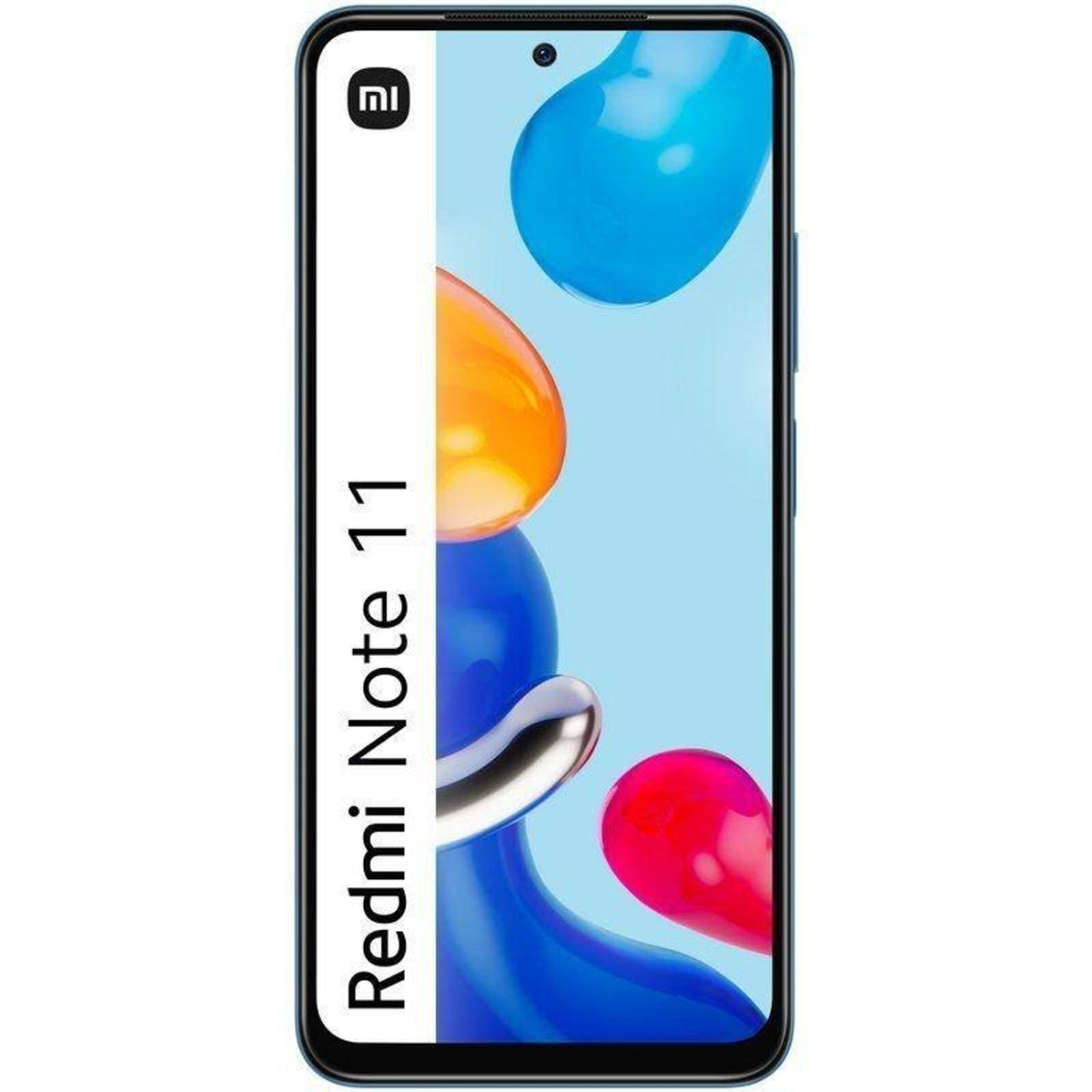 Smartfon Redmi Note 11, kolor niebieski. Biały pasek z tekstem Redmi Note 11. Białe tło.