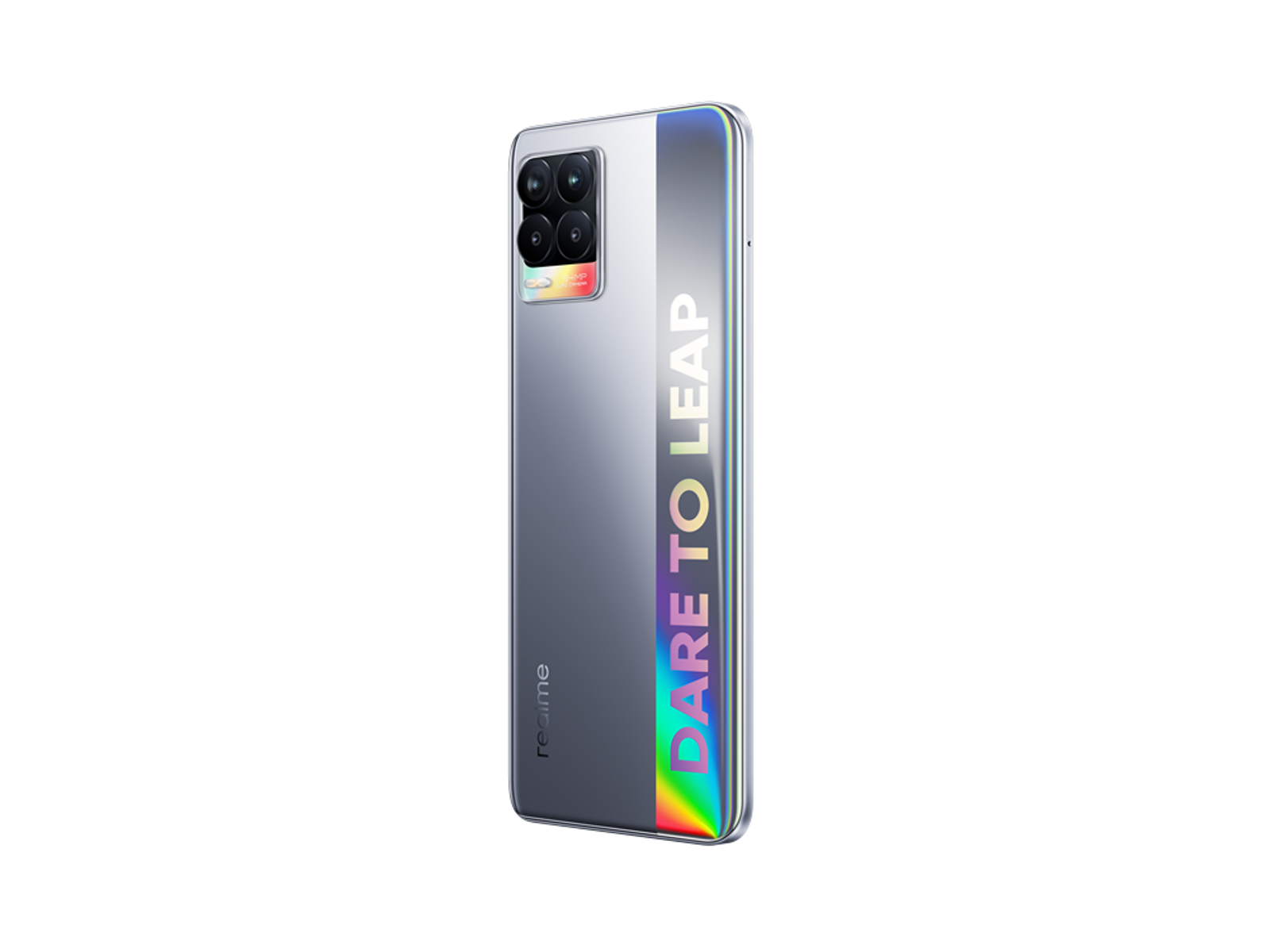 Realme Smartphone-Rückseite. Silberverlauf mit 'DARE TO LEAP' Text in Regenbogen und mehreren Kameras.