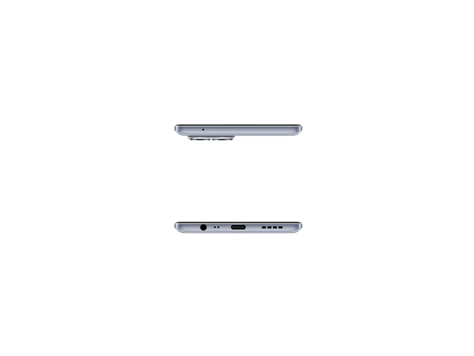 Oben- und Unteransicht eines grauen Smartphones auf schwarzem Hintergrund.