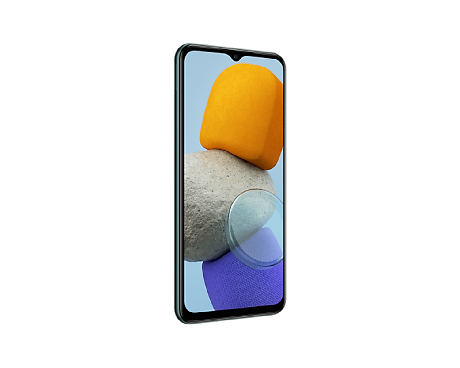 Smartphone, vue en angle, affichant des formes abstraites colorées sur l'écran. Fond blanc.