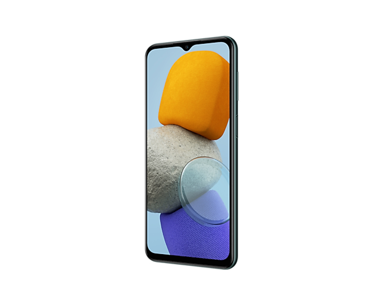 Smartphone avec écran affichant des formes abstraites, sur fond blanc.