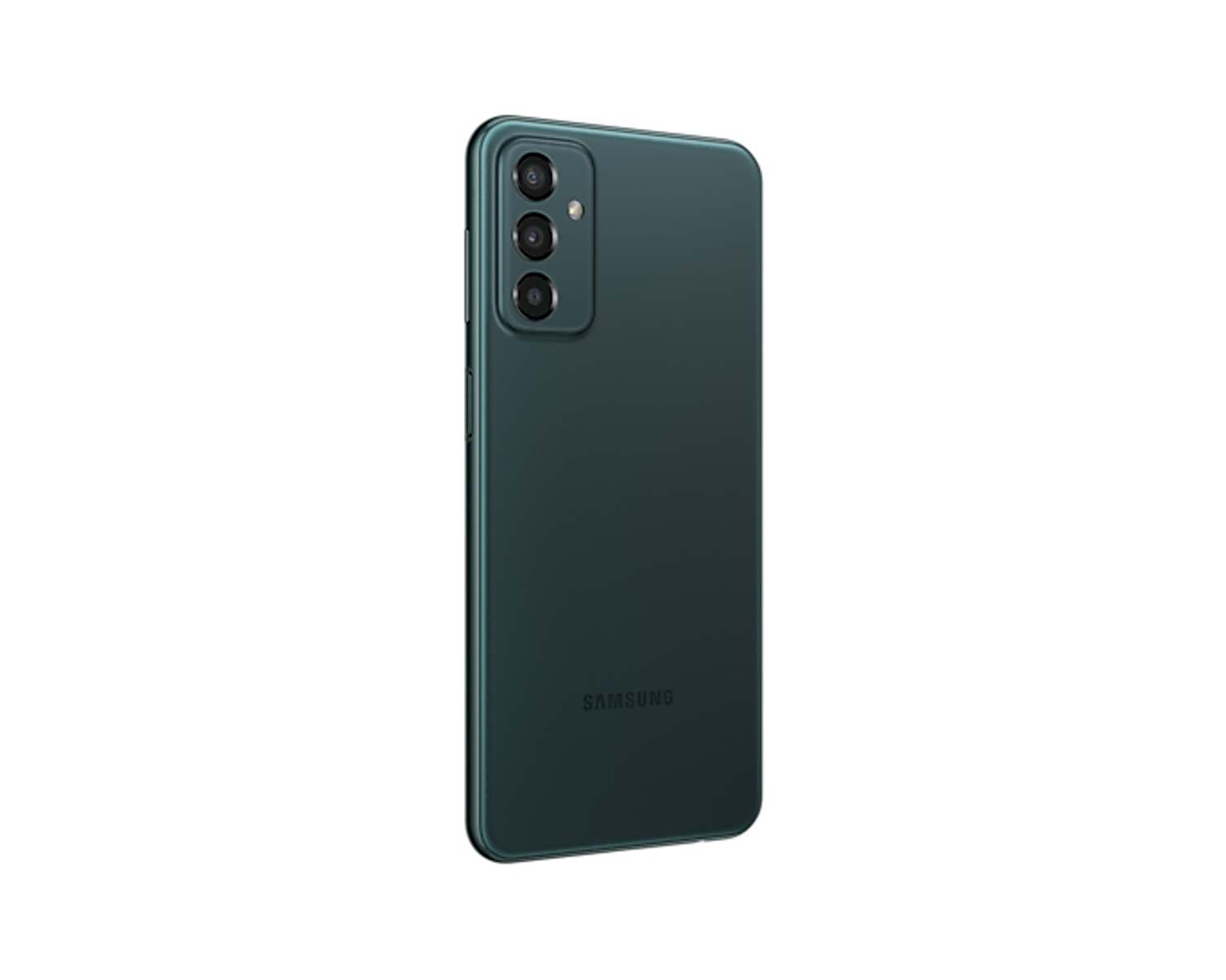 Téléphone Samsung vert, vue arrière. Trois caméras et logo 'SAMSUNG' visibles.