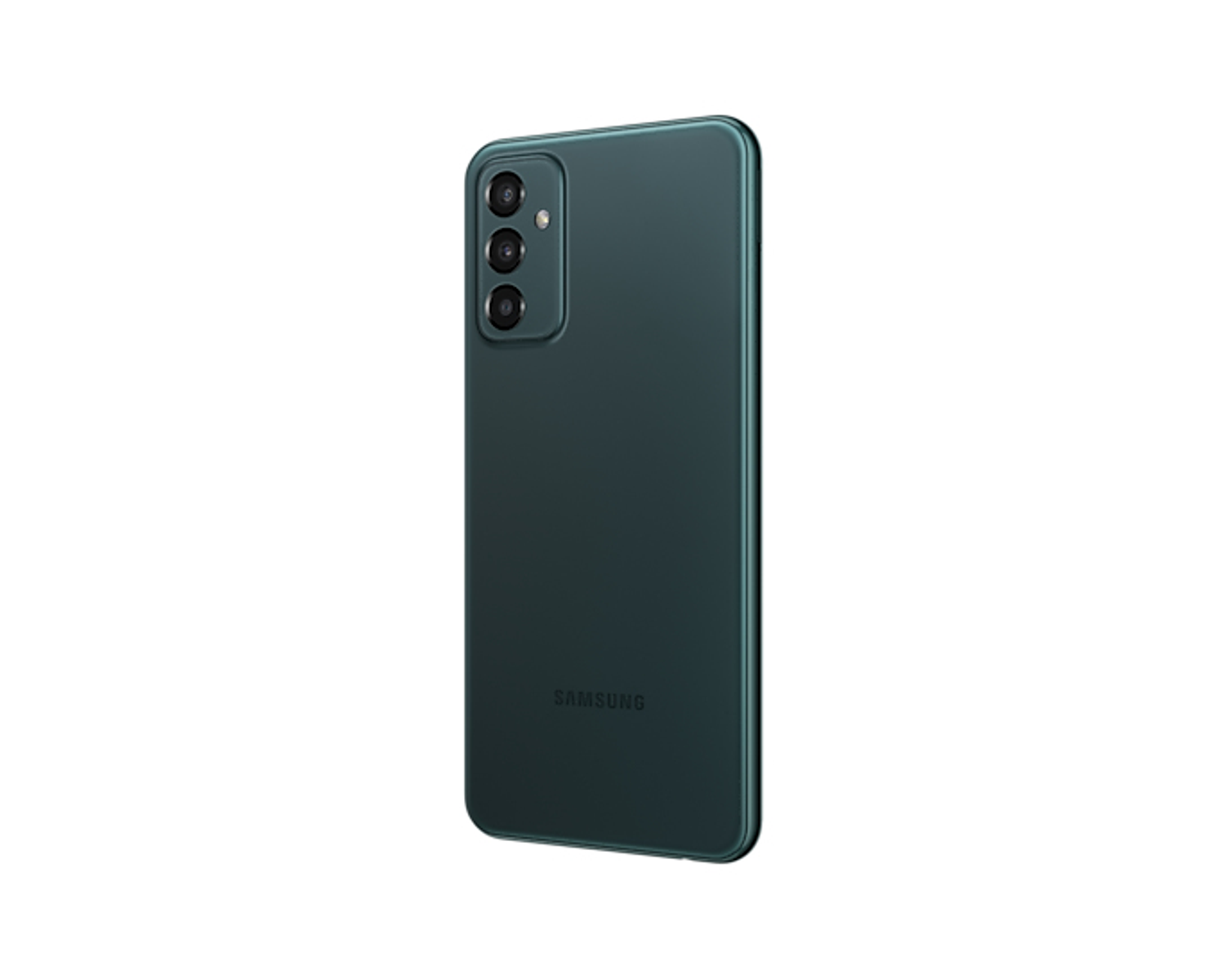 Un téléphone vert foncé vu de l'arrière. Trois caméras sont visibles avec le logo Samsung en dessous.
