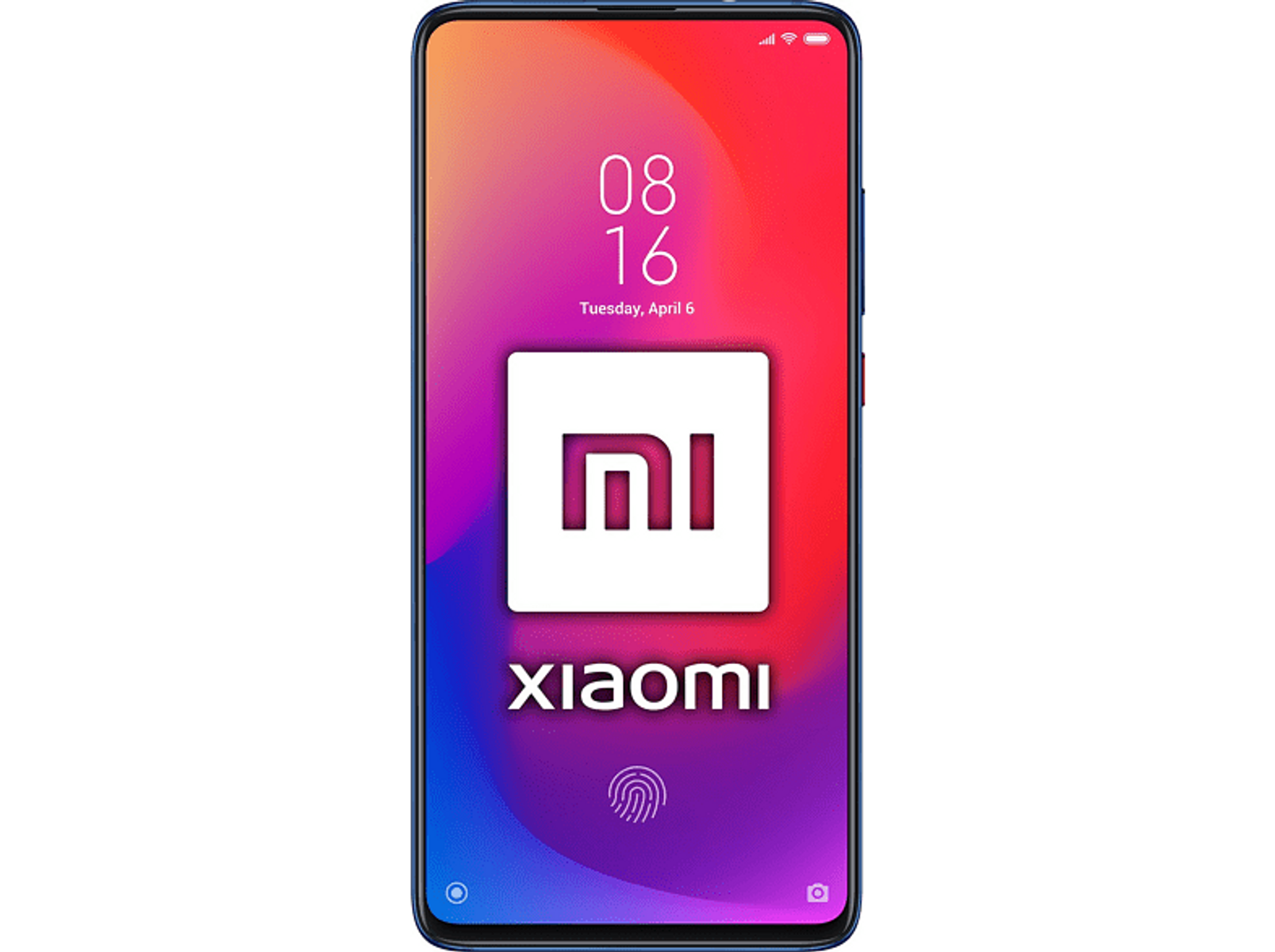 Téléphone Xiaomi noir affichant un écran coloré avec le logo Xiaomi.