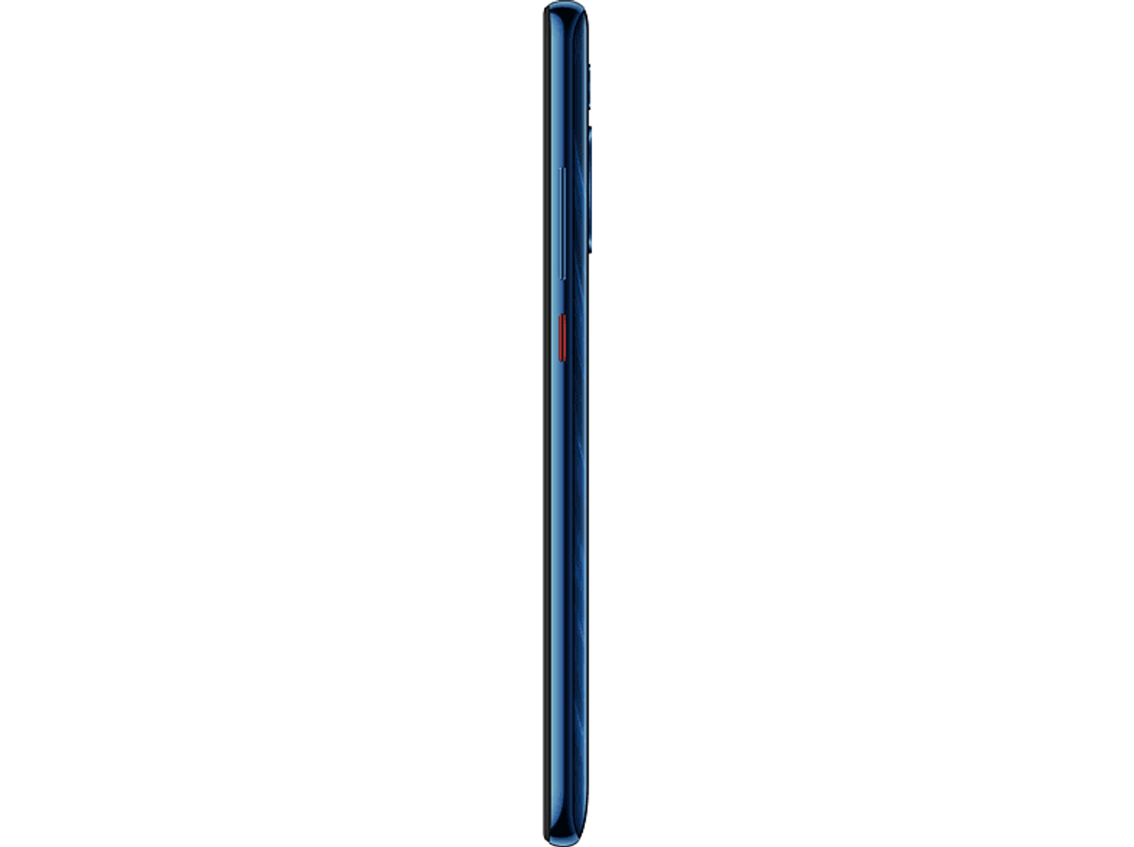 Vue de profil du smartphone, noir avec une teinte bleue, bouton d'alimentation visible.