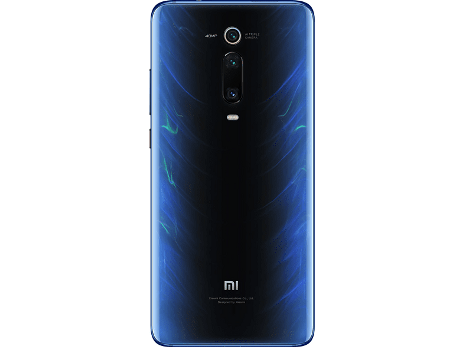 Dos de téléphone bleu et noir. Triple caméra et le logo.