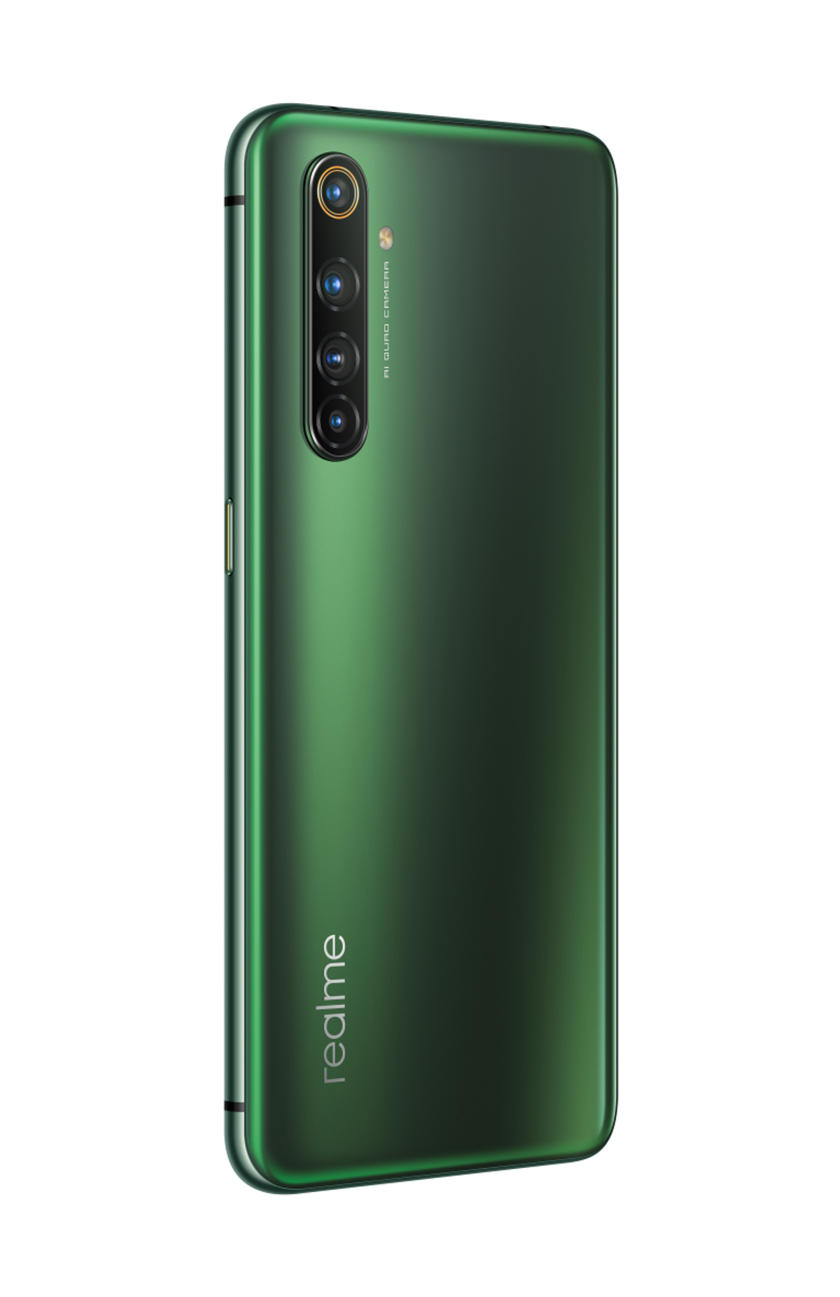 Grüne Smartphone-Rückseite, Kamera-Array sichtbar, Realme-Logo, weißer Hintergrund.