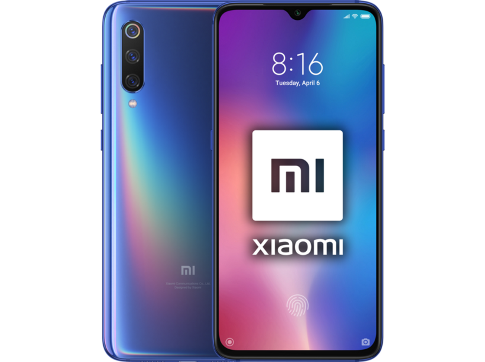Blaues Smartphone mit Xiaomi-Logo und Uhrzeit auf dem Display. Ein weiteres Telefon ist dahinter.