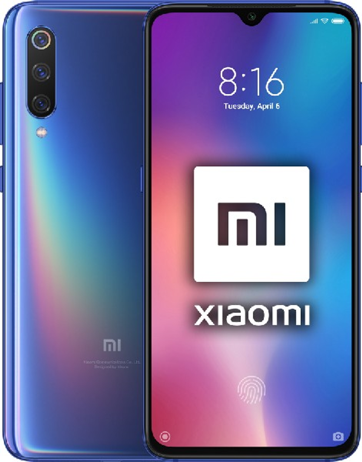 Blaues Xiaomi-Handy mit Xiaomi-Logo auf dem Bildschirm. Die Rückseite zeigt die Kamera.