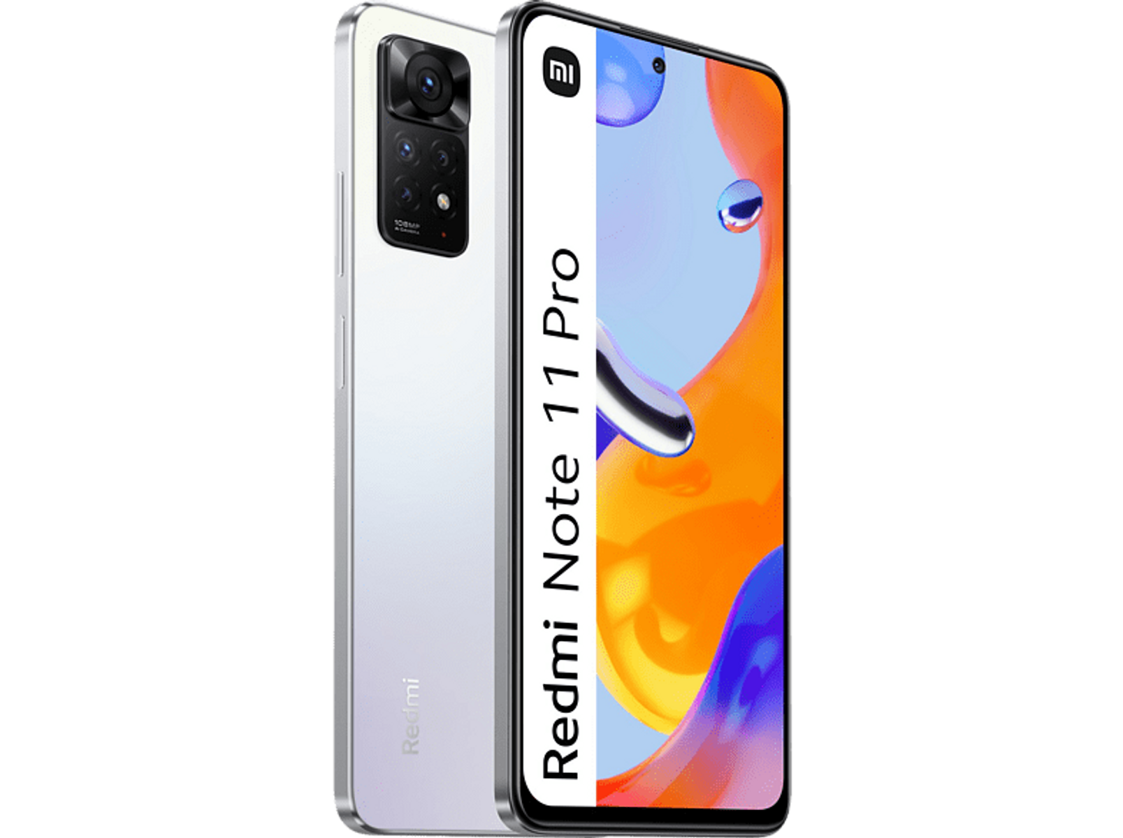 Biały telefon Redmi Note 11 Pro z zestawem kamer i logo Xiaomi. Czarne tło.