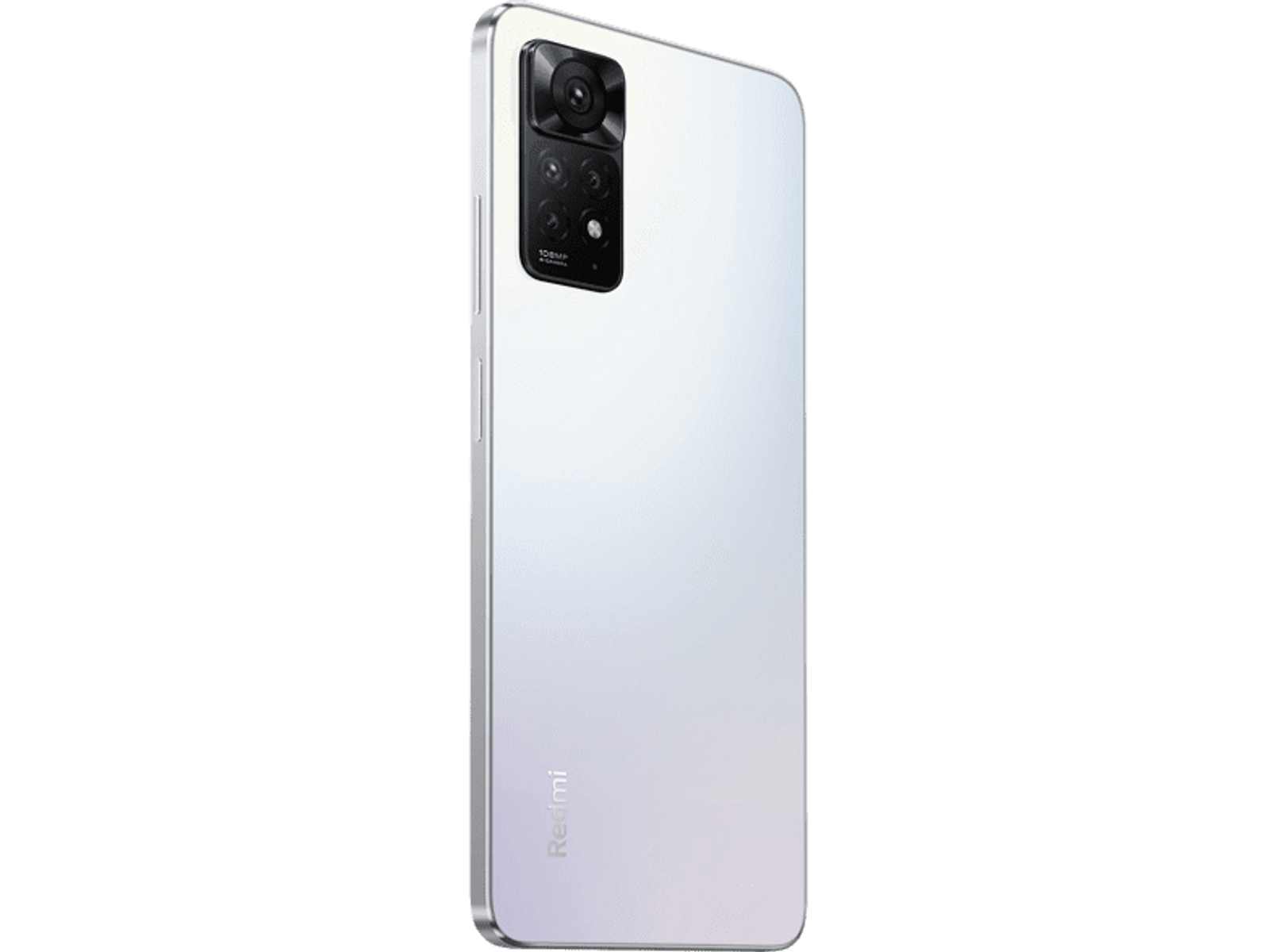 Tył białego smartfona z zestawem kamer, czarne tło.