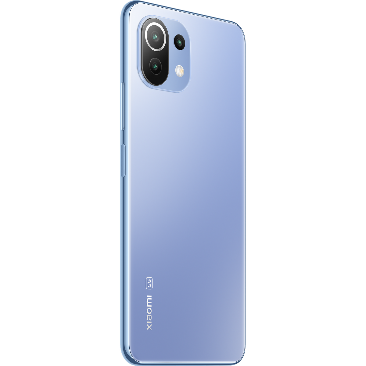 Jasnoniebieski tył telefonu z aparatami. Logo Xiaomi. Czarne tło.