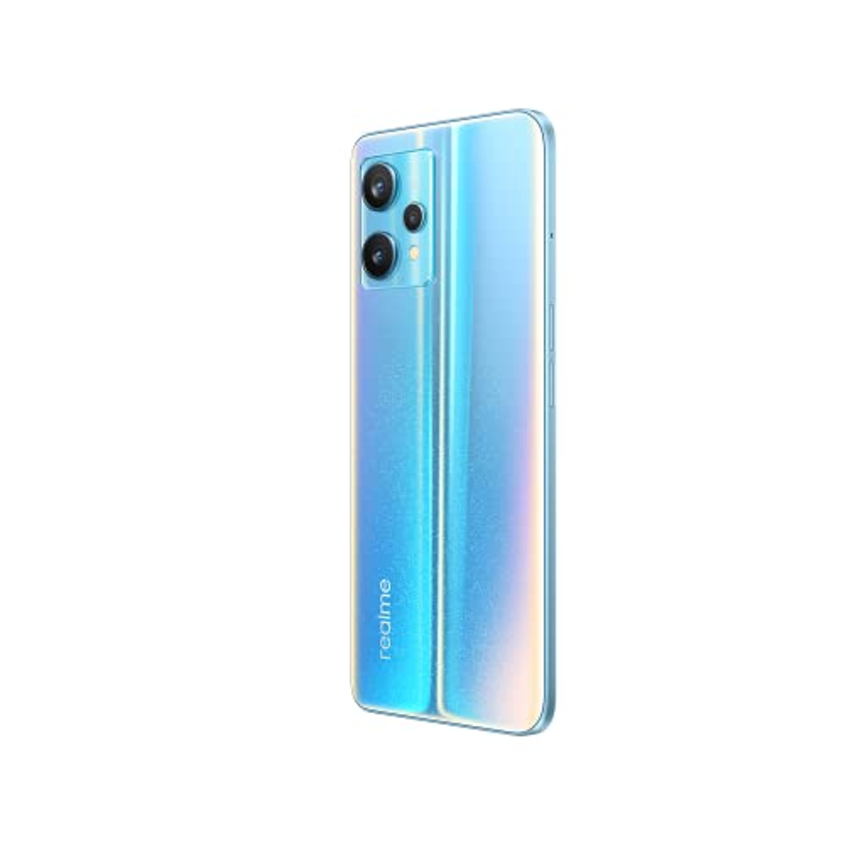 Blaues und schillerndes Smartphone. Das Telefon ist abgewinkelt und vor weißem Hintergrund.