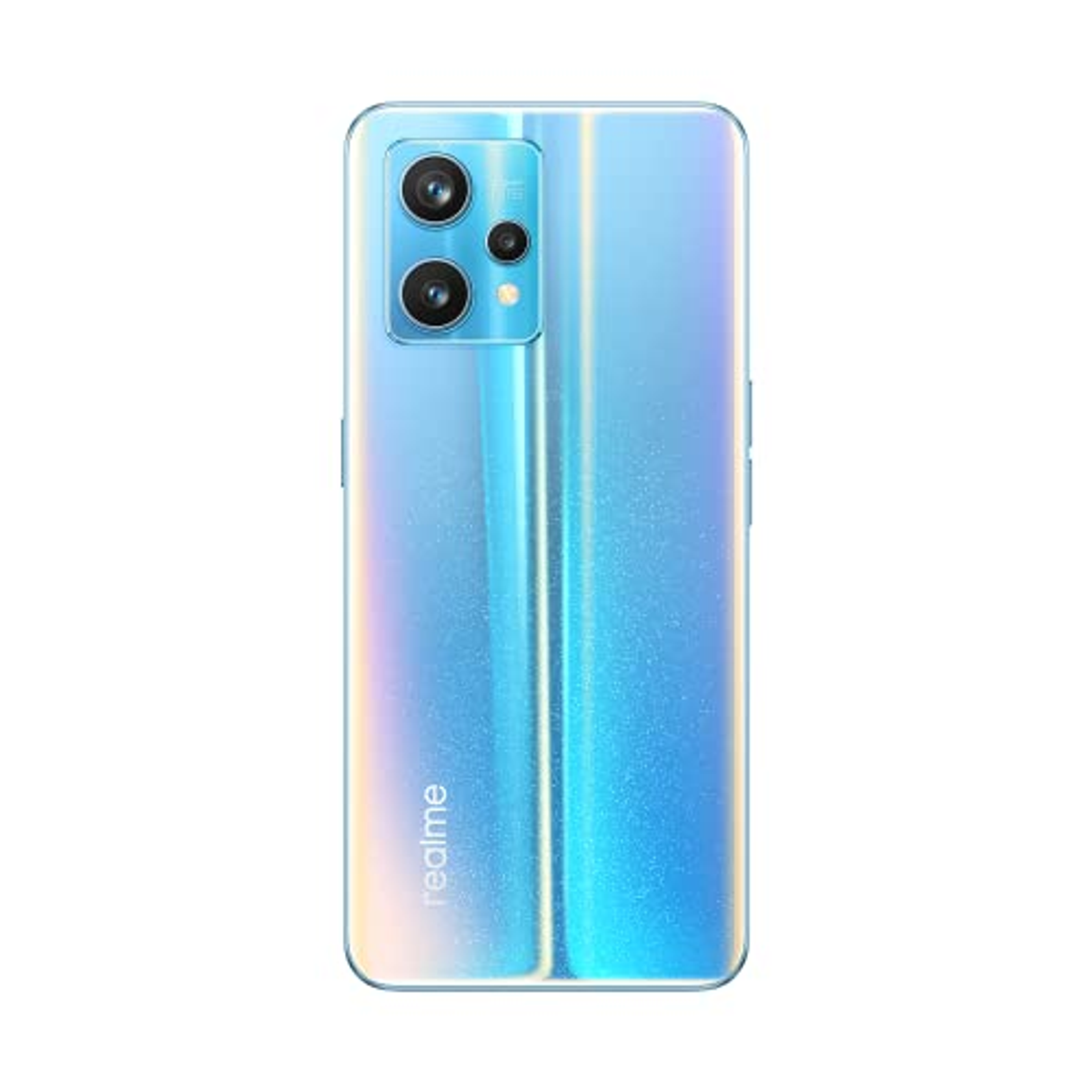 Blaues Smartphone, Rückansicht, mit mehreren Kameralinsen. Das Telefon ist auf weißem Hintergrund.