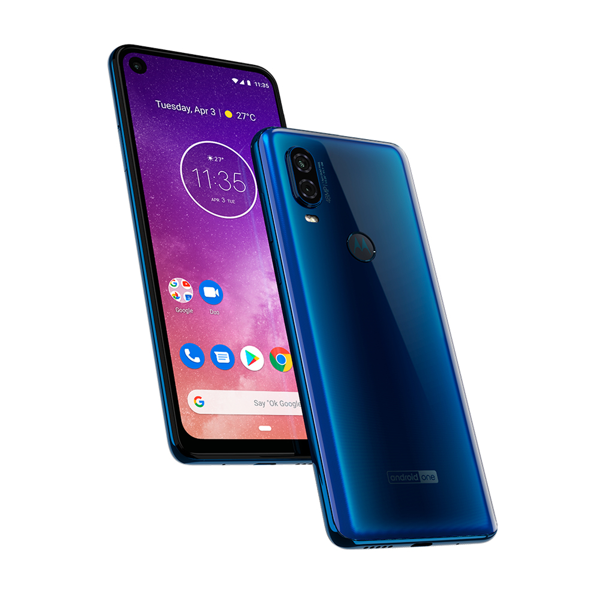 Zwei blaue Motorola-Telefone. Eines ist vor dem anderen. Beide haben Bildschirme an.