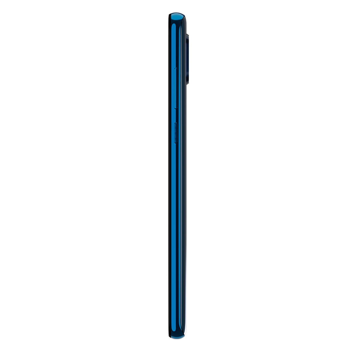 Seitenansicht eines blauen Smartphones, die Seitentasten zeigend, mit schwarzem Rahmen.