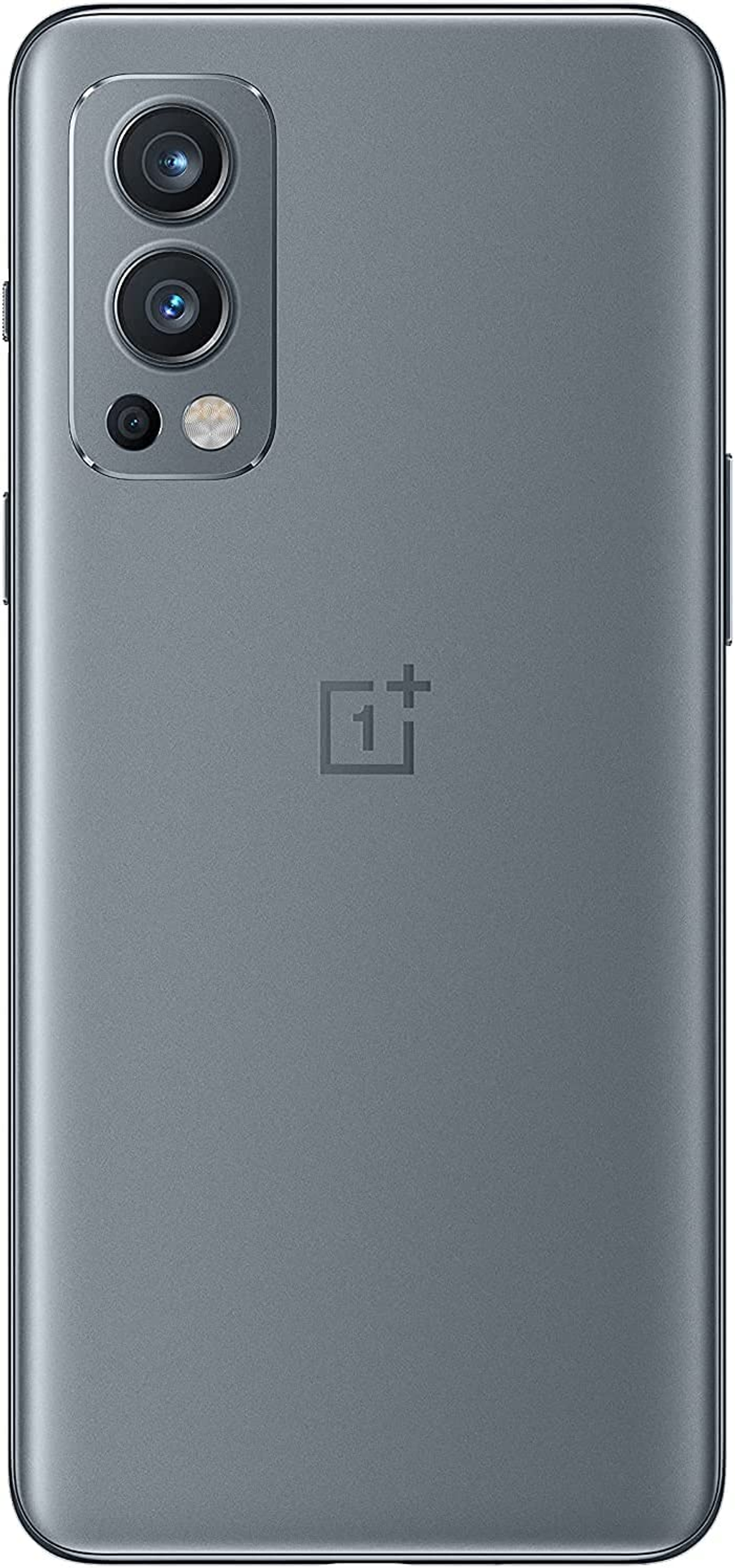 Achterkant van een grijze OnePlus-telefoon. Drie camera's en een flitser bovenaan. OnePlus-logo in het midden.