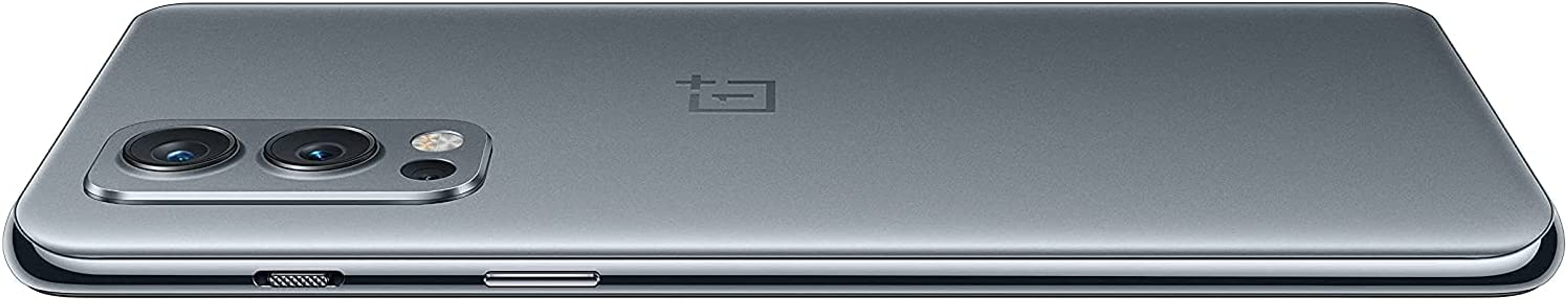 Grijze smartphone, achteraanzicht. Twee cameralenzen, een flitser en een logo. Het toestel is horizontaal.