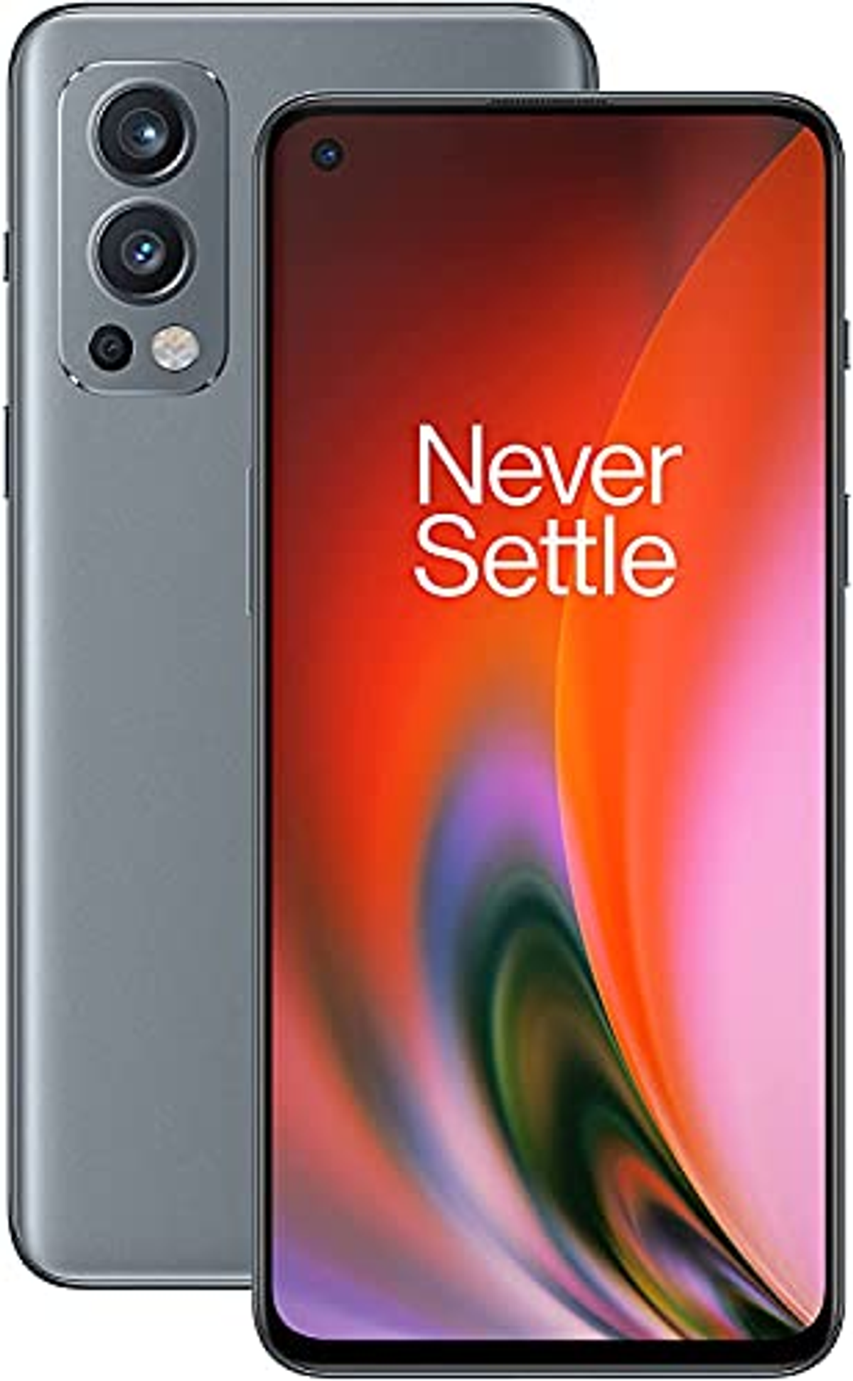 Telefoon met voor- en achteraanzicht. Grijs en rood. Tekst: Never Settle.