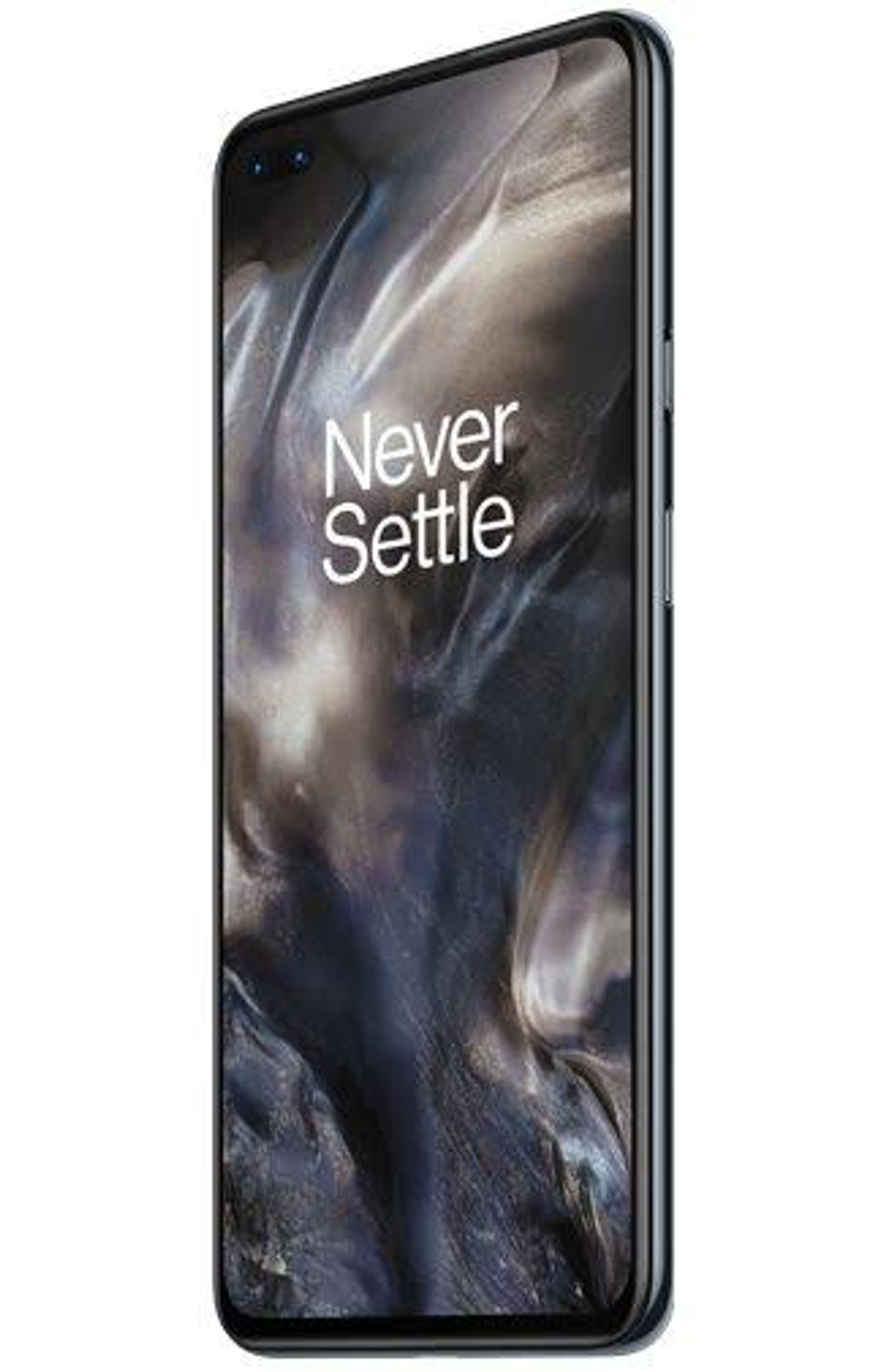 Schwarzes Smartphone mit "Never Settle" auf dem Bildschirm. Das Telefon hat einen schwarzen Rahmen.