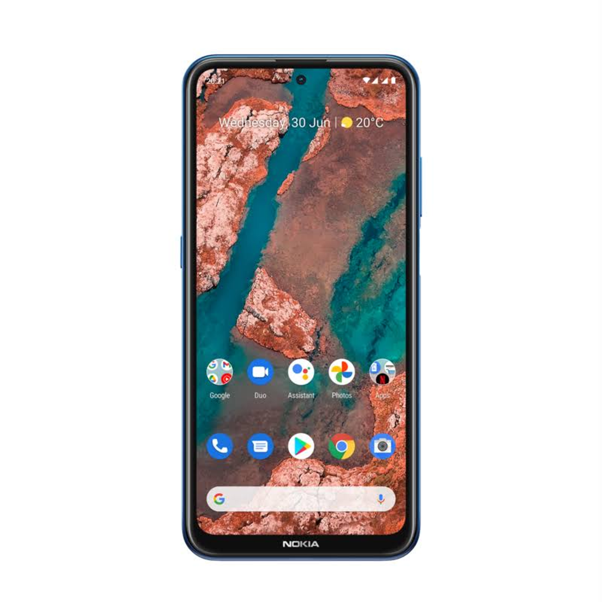 Een blauwe smartphone met een abstracte achtergrond. Het scherm toont apps, datum en tijd. Het Nokia-logo staat onderaan.
