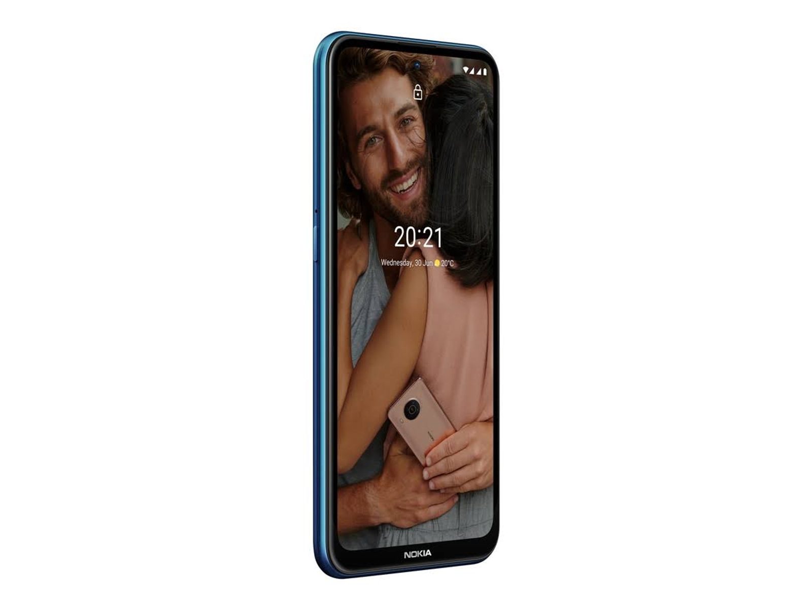 Blauwe Nokia-telefoon. Scherm toont een knuffelend stel. Tijd en datum zichtbaar.