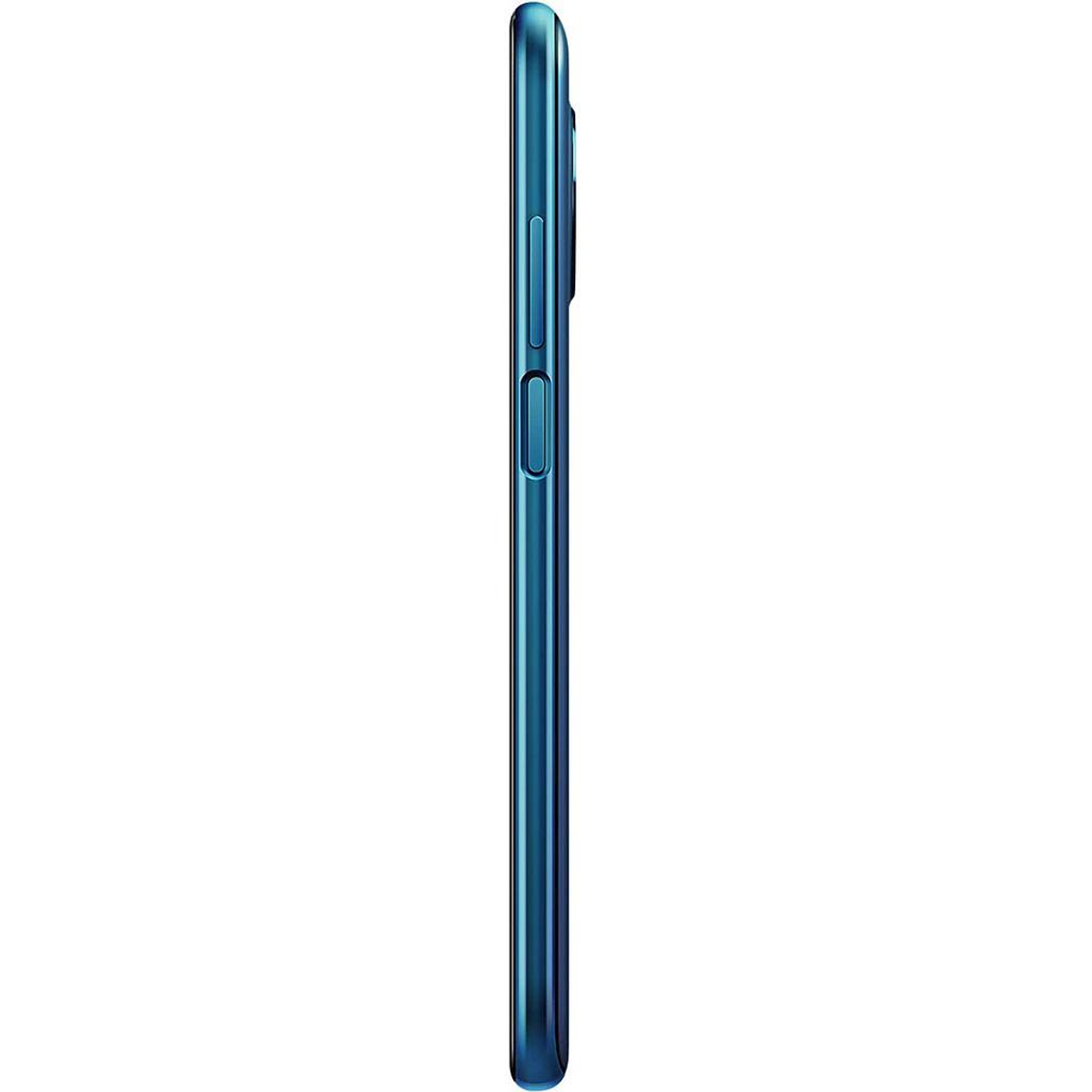 Zijaanzicht van een teal telefoon, met de zijknoppen en cameradetails.