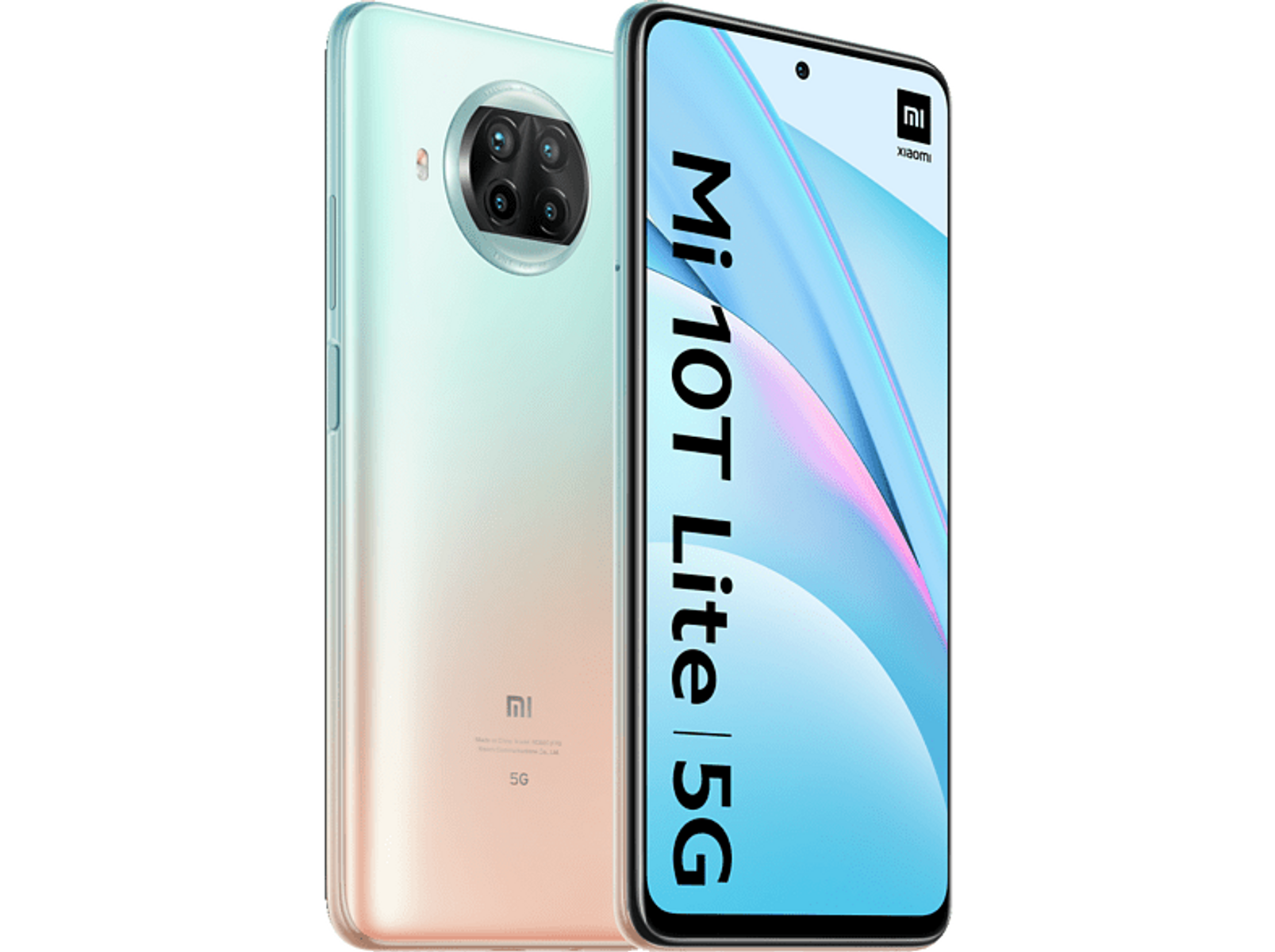 Smartfon Mi 10T Lite 5G, tył w odcieniach mięty i różu, przedni ekran pokazuje zawartość. Czarne tło.
