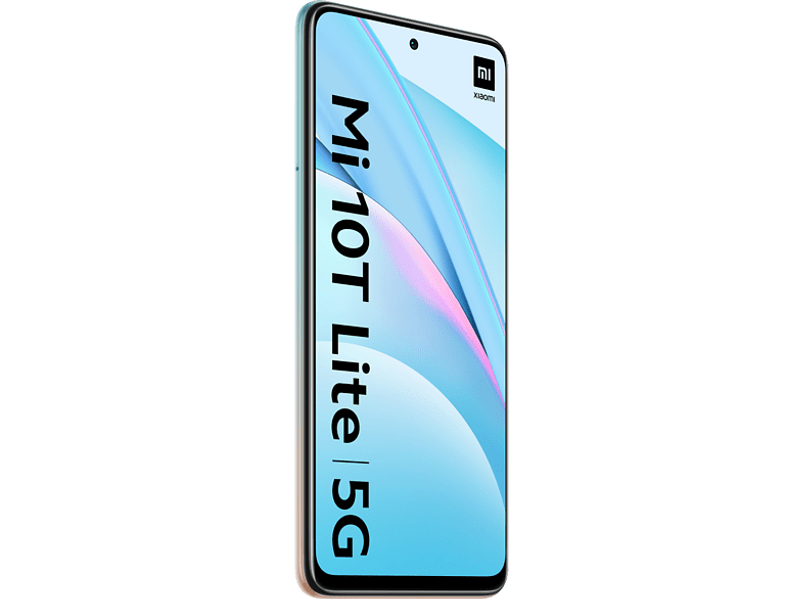 Turkusowy smartfon z tekstem "Mi 10T Lite | 5G" z boku, ustawiony pod kątem w prawo.