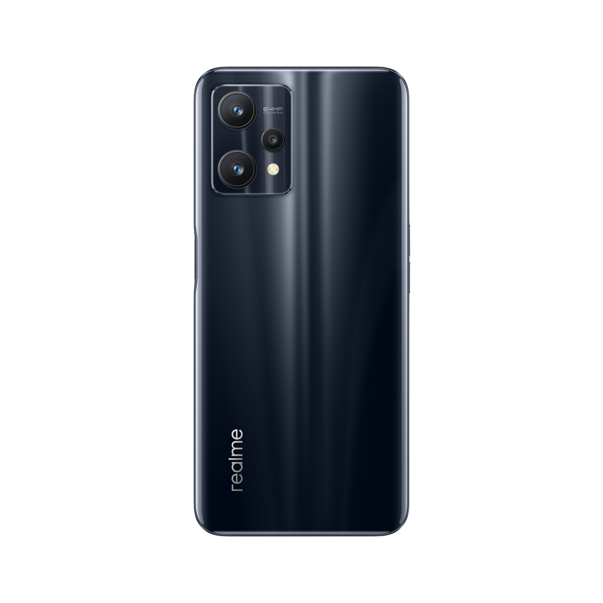 Vue arrière d'un téléphone noir avec trois caméras et le logo realme. Le téléphone est sur fond noir.