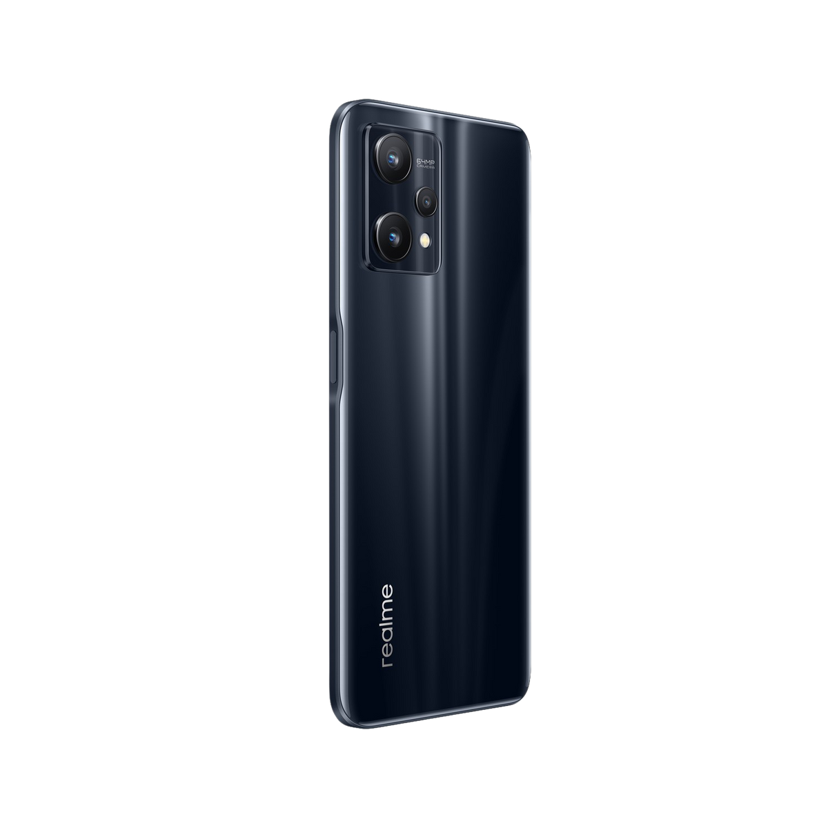 Smartphone noir sur fond noir. Dos avec deux caméras et le logo Realme.