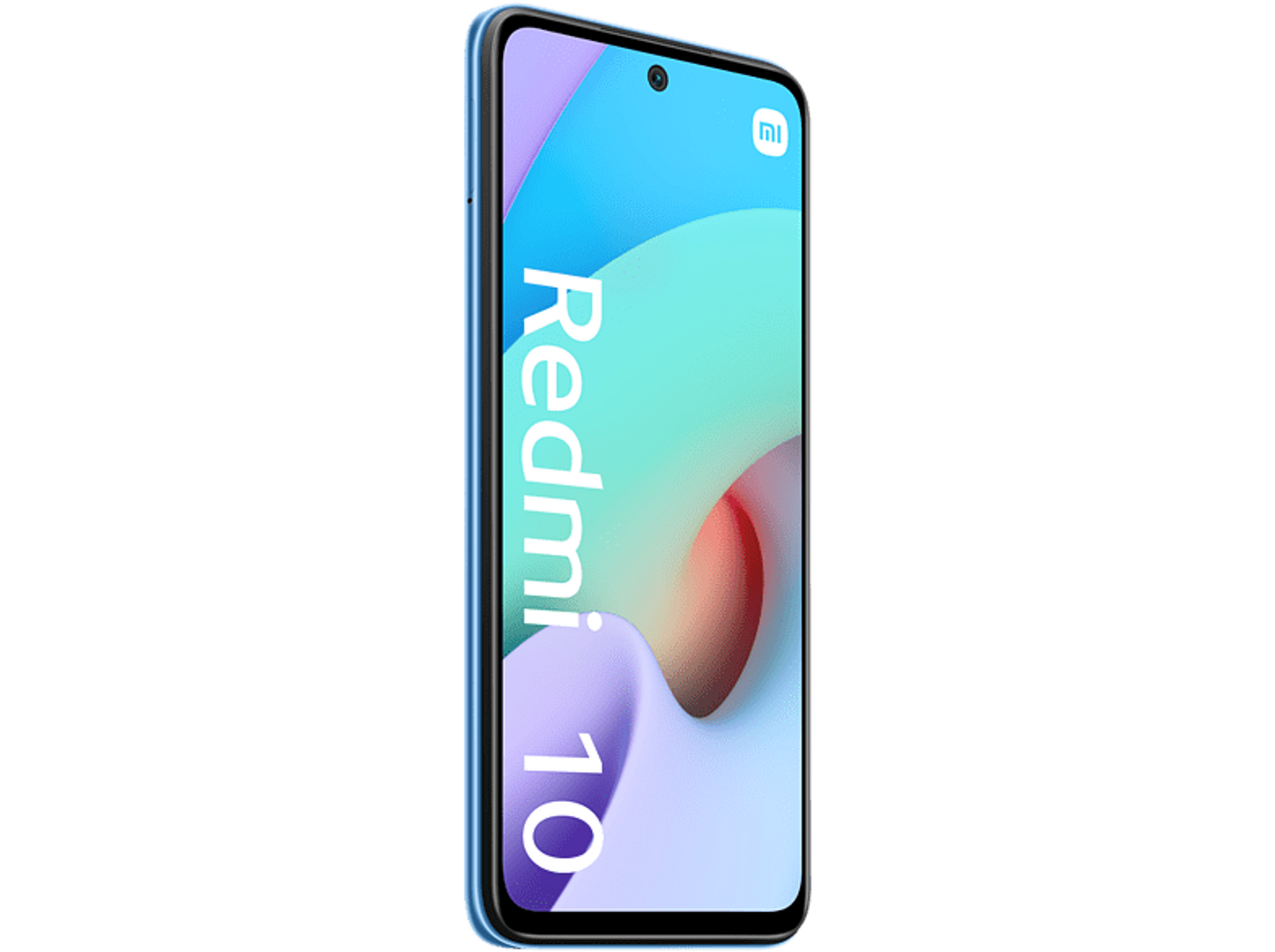 Blaues Smartphone mit dem Text 'Redmi 10' auf dem Bildschirm.