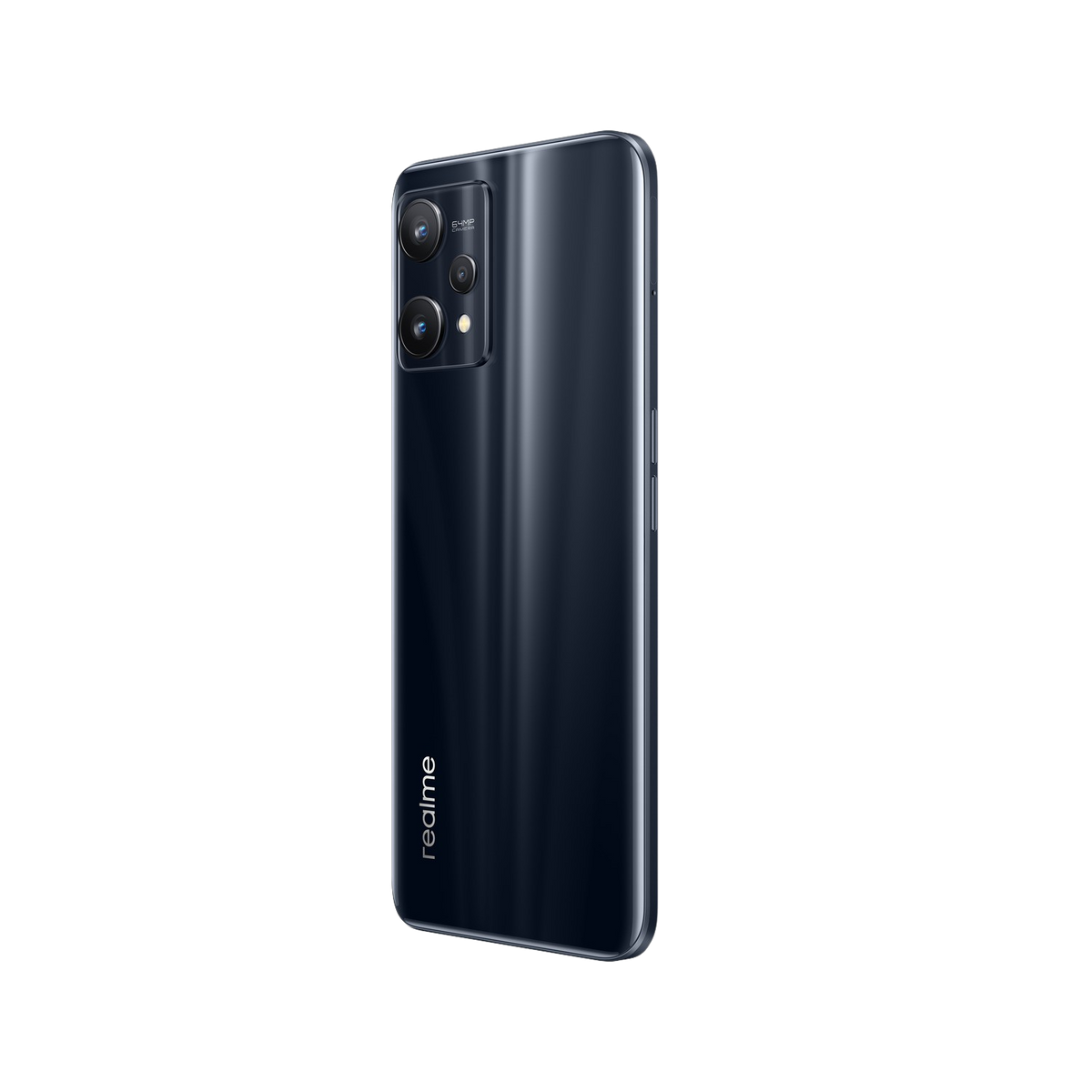 Téléphone Realme noir, vue arrière. Configuration triple caméra, flash. Logo Realme. Fond noir.